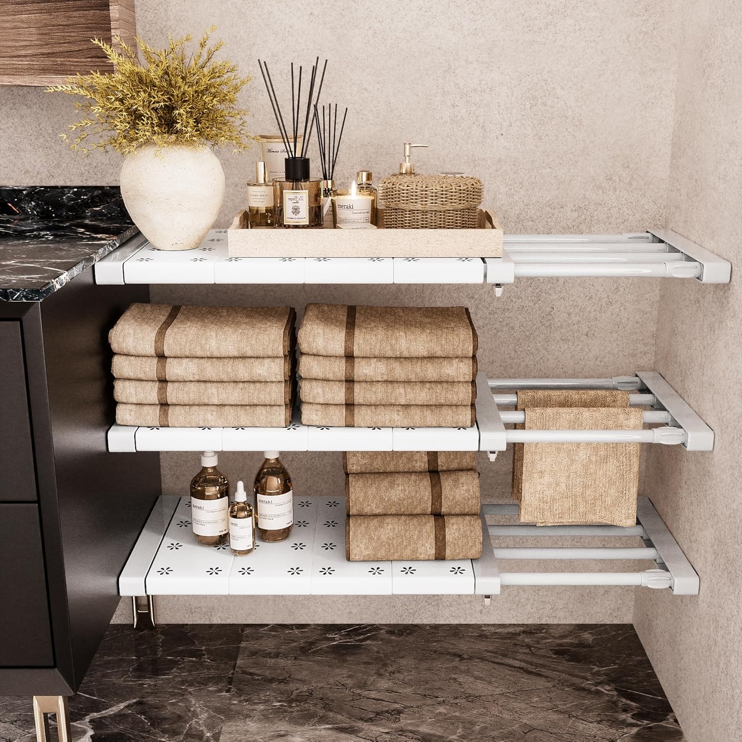 Yoillione Expandable Closet Shelves, Tension Shelf Separator Wardrobe Storage Organiser, White Cupboard Shelves, Adjustable Storage Rack Wardrobe Dividers(W 24cm, L 30-40cm)