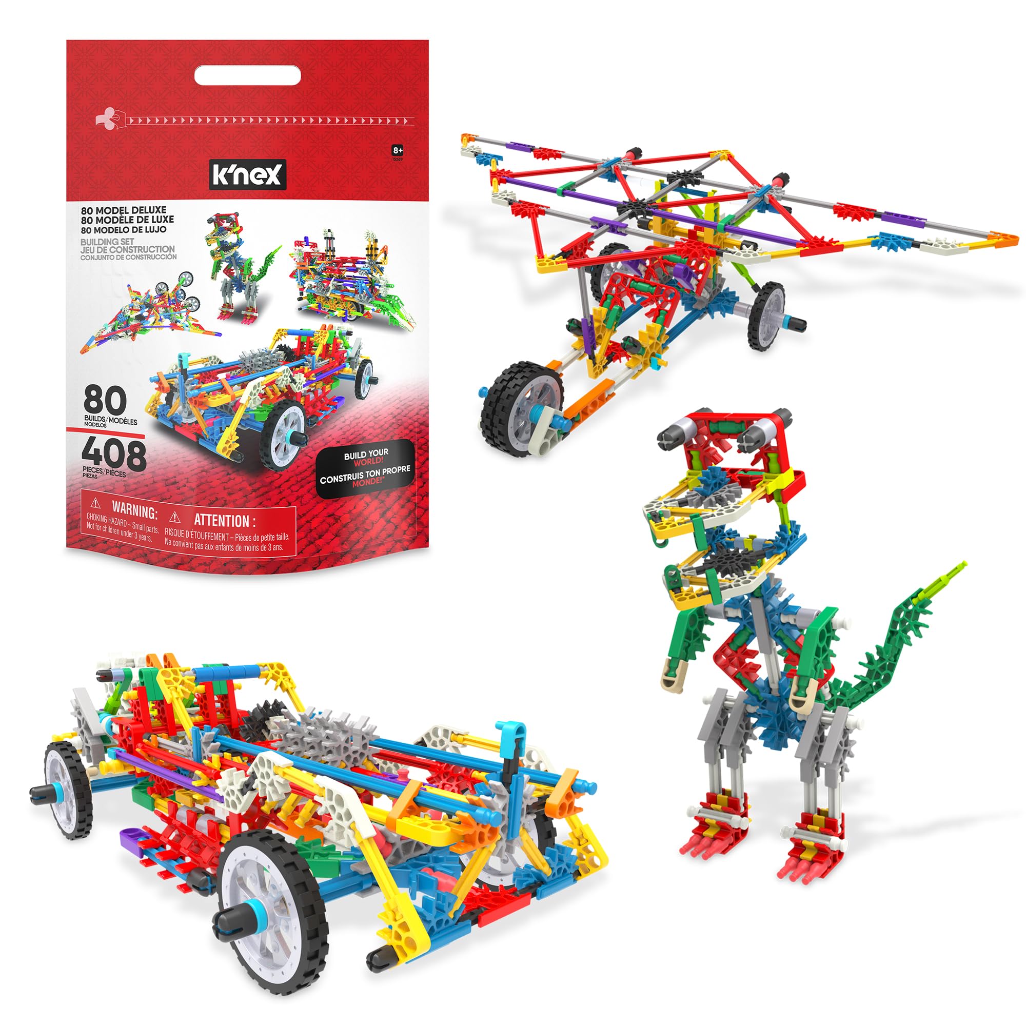 Basic Fun K'NEX Deluxe Building Set  408 Piece STEM Kit with 80 Model Ideas & Storage Bag  Educational Construction Toy for Kids Aged 7+
