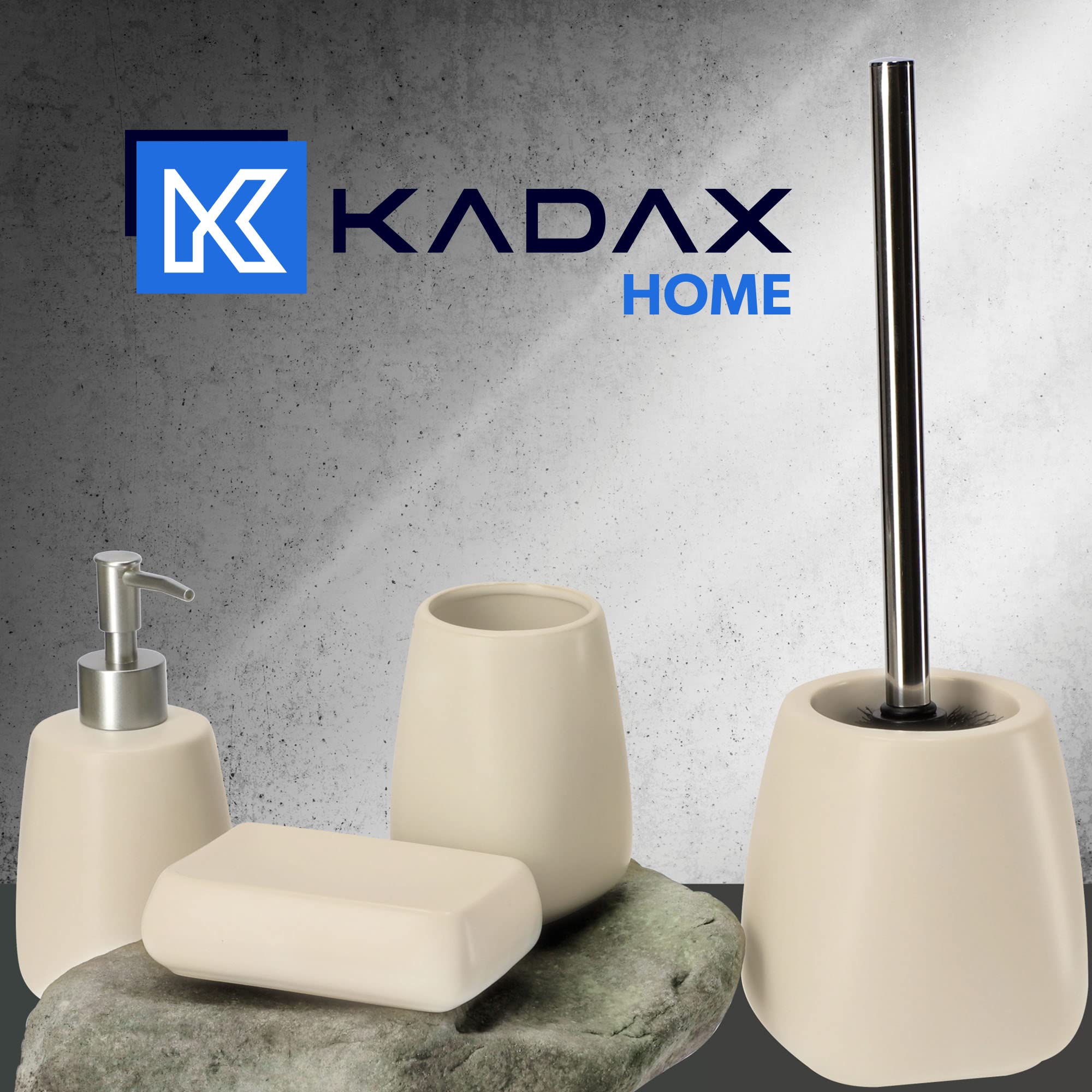 KADAX Escobilla de Baño con Base de Cerámica, Mango Largo de Acero y Cerdas Duraderas para una Limpieza Profunda de Inodoros (Set de 2, Beige)
