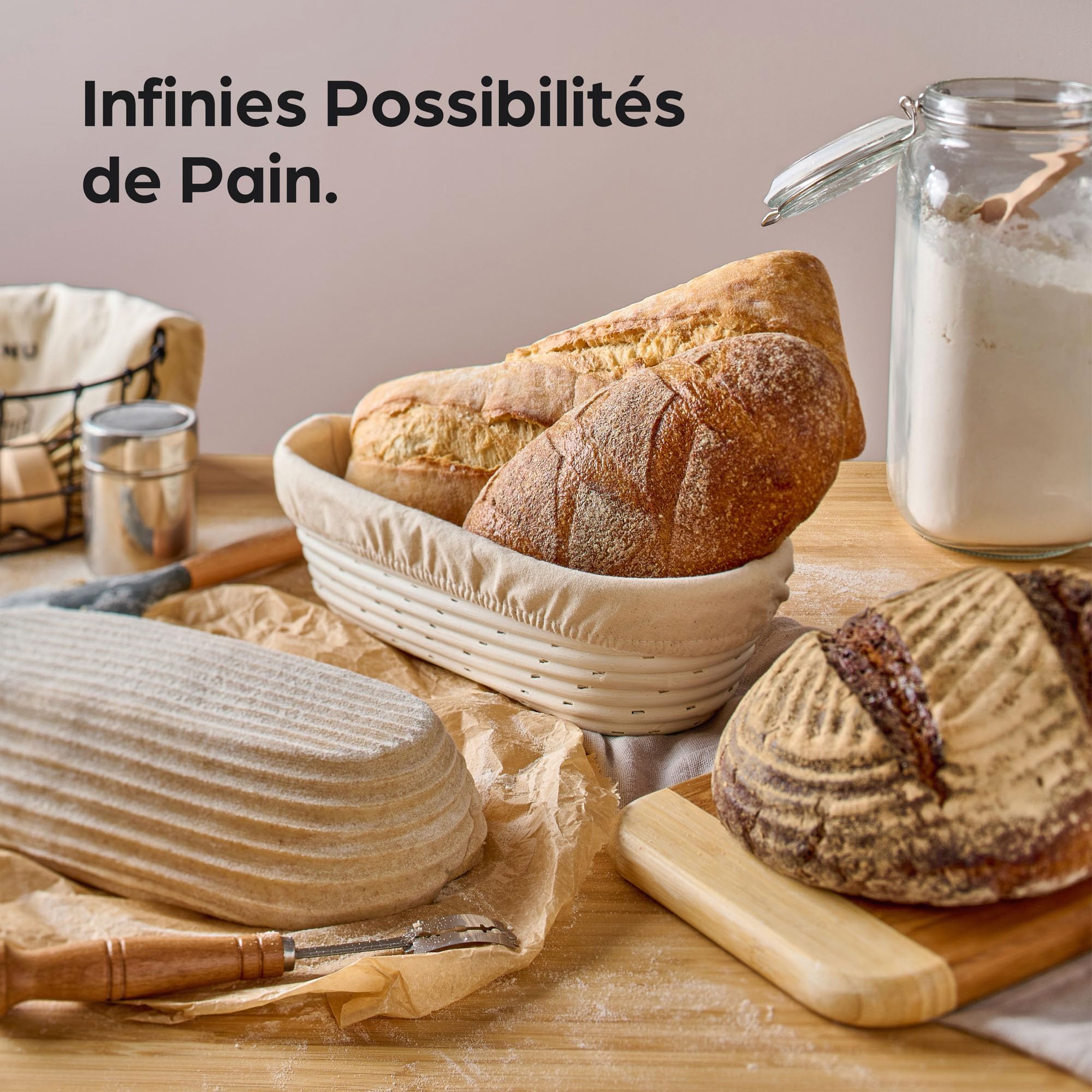 Praknu Banneton pour Pain Ovale 28 cm - En Bois Rotin Résistant - Kit boulangerie avec Brosse, Tissu en Lin & Sac pour le Pain