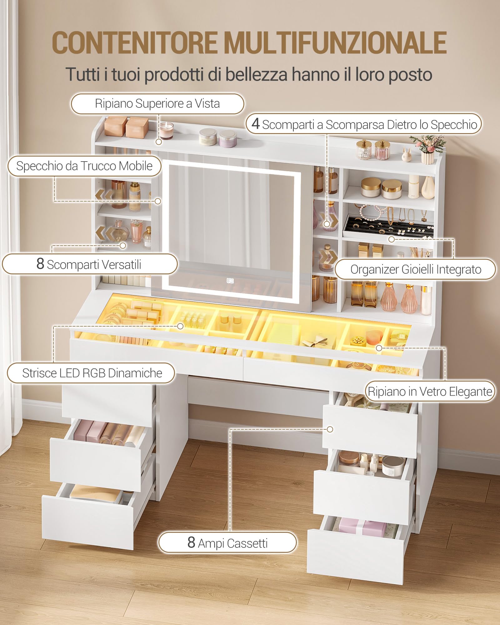 Hzuaneri 108 cm Toeletta Trucco, Postazione Trucco con Piano in Vetro, Striscia Luminosa RGB, 8 Cassetti, 9 Scaffali a Giorno, Deposito Gioielli, per Camera da Letto, Bianco 1180203XEU