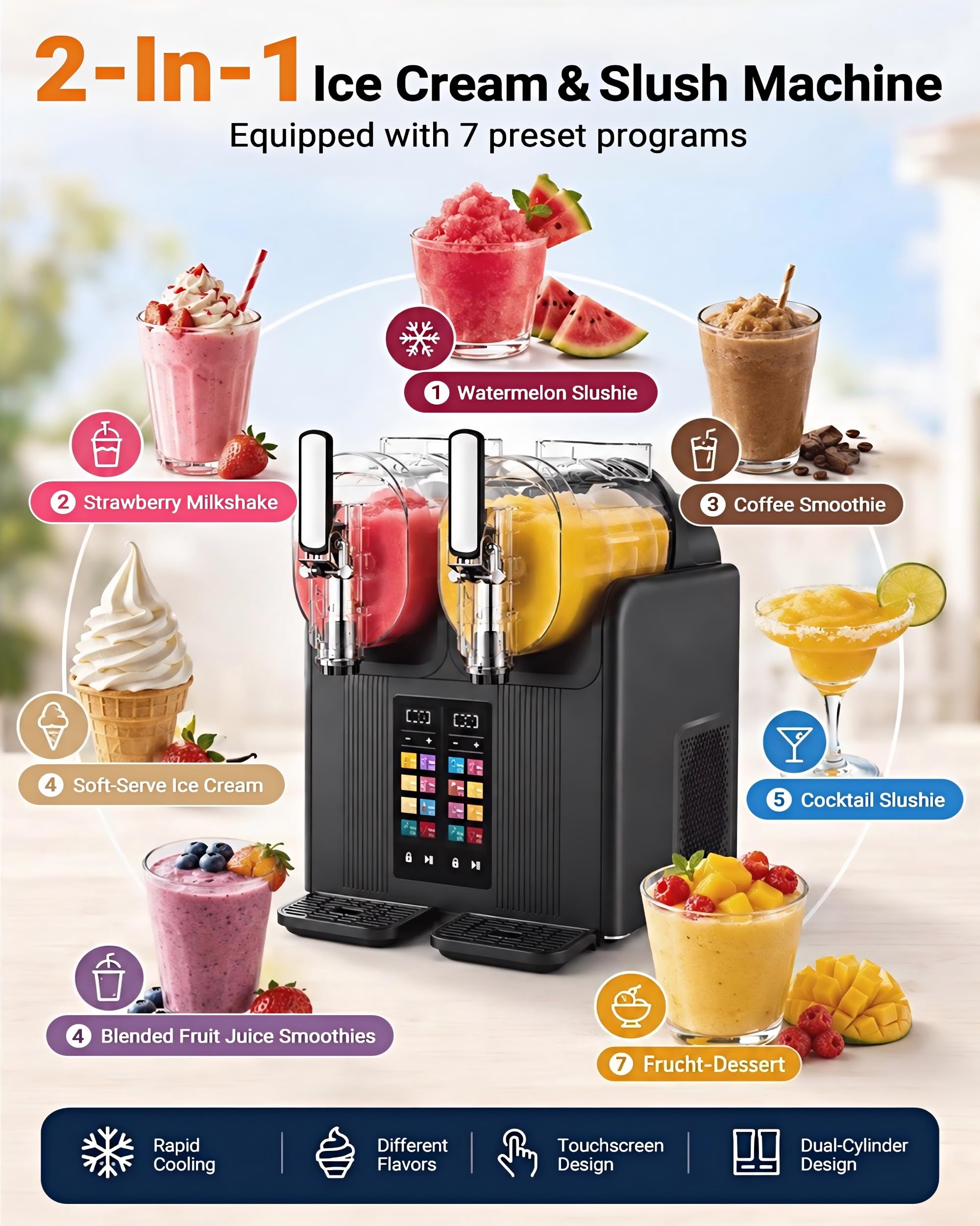 Macchina a Doppia Vasca per Granita e Gelato Soft – 2x2L, Comandi Touch, 7 Modalità Preselezionate, Lavaggio con un Tasto, Refrigerazione Rapida, Serbatoio in PC, Miscelazione Potente 360°