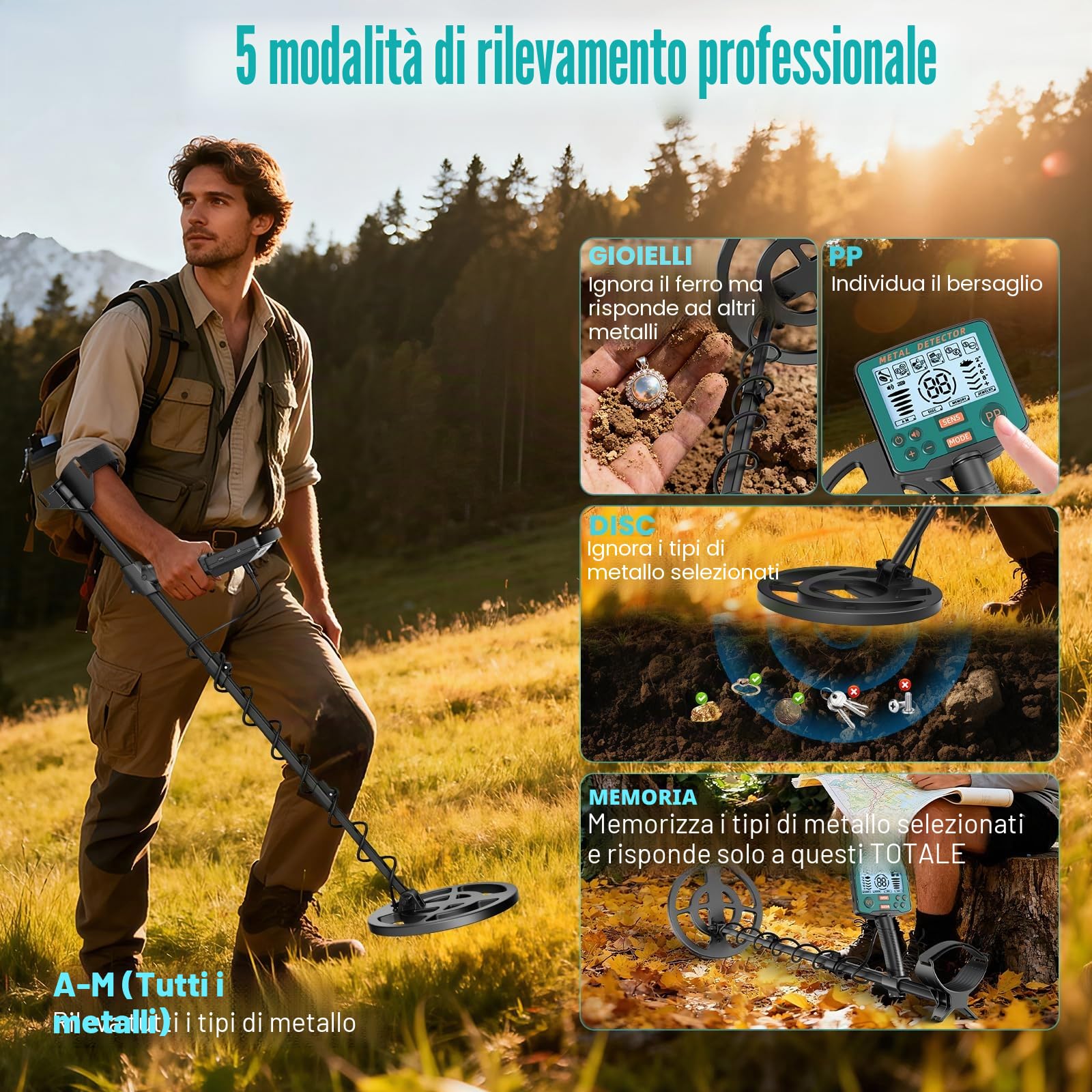Metal detector professionale con 2 batterie,5 modalità Metal detector per adulti e bambini, bobina di ricerca impermeabile IP68 da 26cm con display LCD,cuffie,pala da scavo (Verde Scuro)