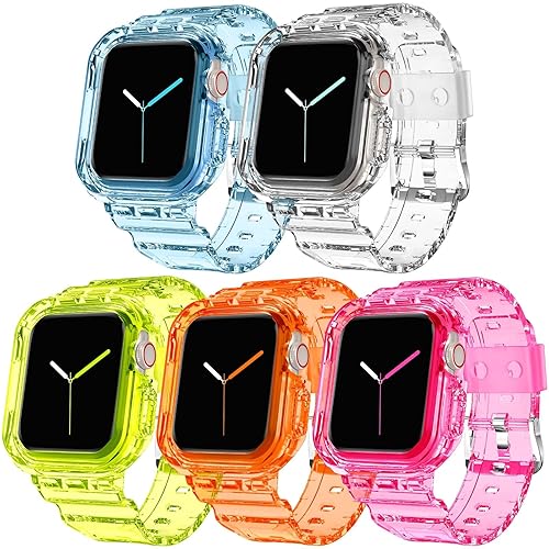 DABAOZA 5 Packs Compatible for Clear Apple Watch Band 46mm 45mm 44mm 42mm 41mm 40mm 38mm 49mm, Jelly Crystal Women Men TPU Strap for iWatch Series 10 9 8 7 6 / SE 5 4 3 2 1 Ultra - Neon Series-Clear/Blue/Yellow/Orange/Pink - 42mm/44mm/45mm