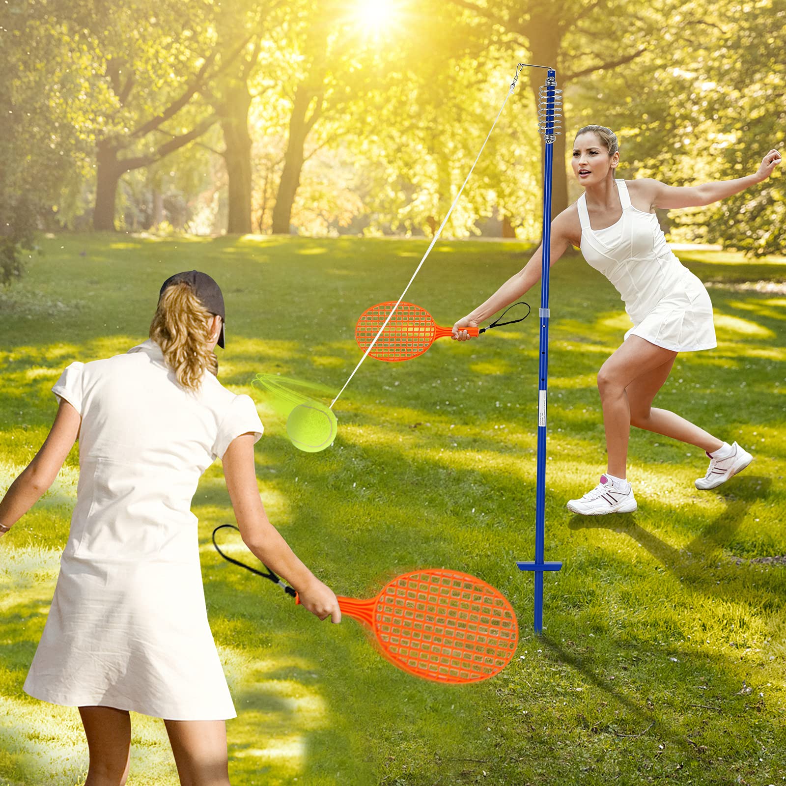 COSTWAY 3-stufig höhenverstellbares Tetherball Set, Twistball Set inkl. Ball｜2 Schlägern｜120cm Schnur, Tennisball an Schnur, Tennis Spiel für Solo und Team