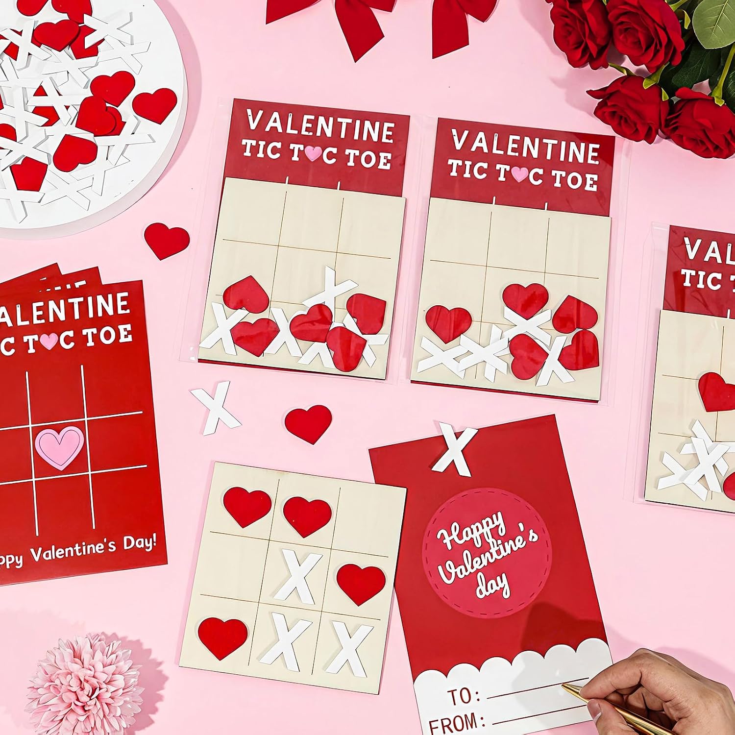 12 Sets Valentines Day Cards Gift for Valentines Cards with Wooden Tic Tac Toe Bulk Valentine Exchange Gift for Party Favors