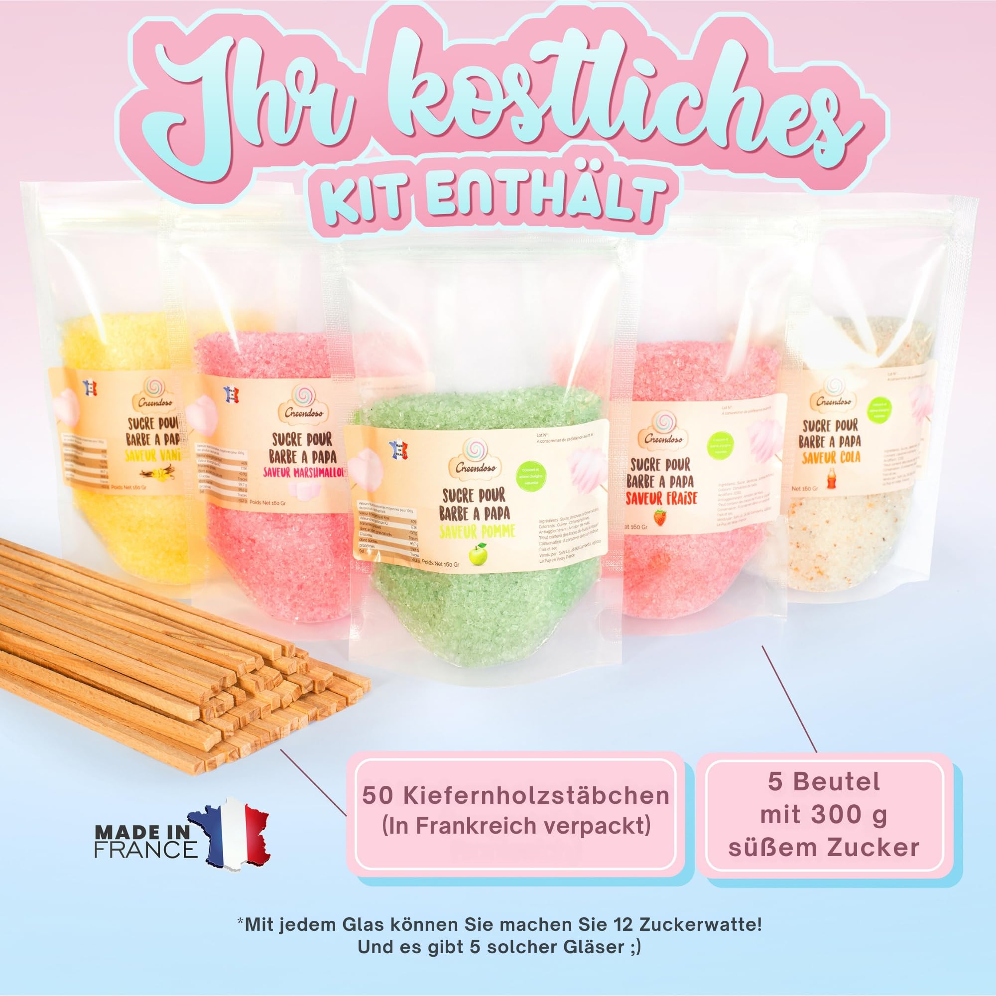 GREENDOSO® Zuckerwatte Zucker Set 5x300g - Natürliche Aromen & Farben - Erdbeere/Cola/Apfel/Marshmallow/Vanille + 50 Stäbchen für Zuckerwattemaschine