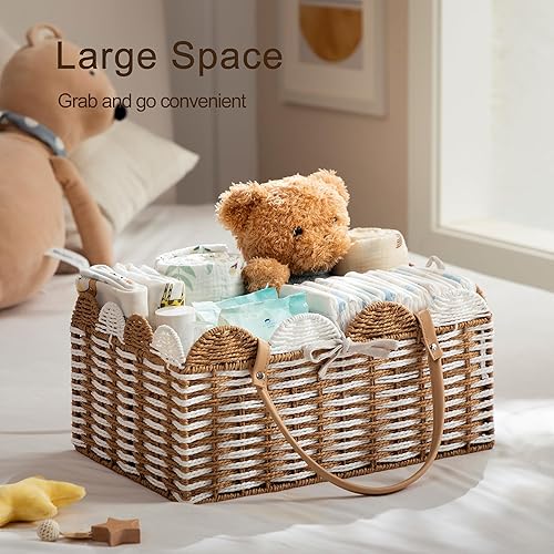 Miniatura 2 de HBlife Baby Diaper Caddy Organizer, Large Portable Scalloped Paper Rope Woven Basket with Divider, Nursery Diaper Station, Baby Shower Gifts Basket