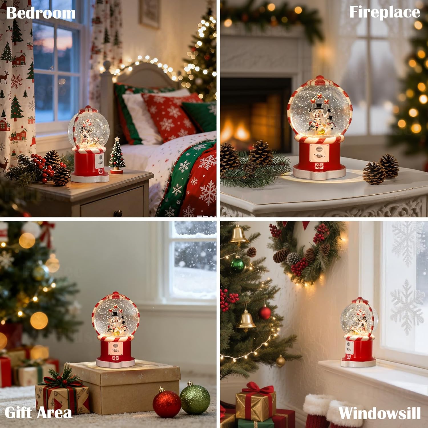 Christmas Snow Globe Lantern, Glitter Musical Snowglobe Light with Timer, USB & Battery Powered Music Box, Snowman Family & Candies, Holiday Decorations Indoor Home Decor