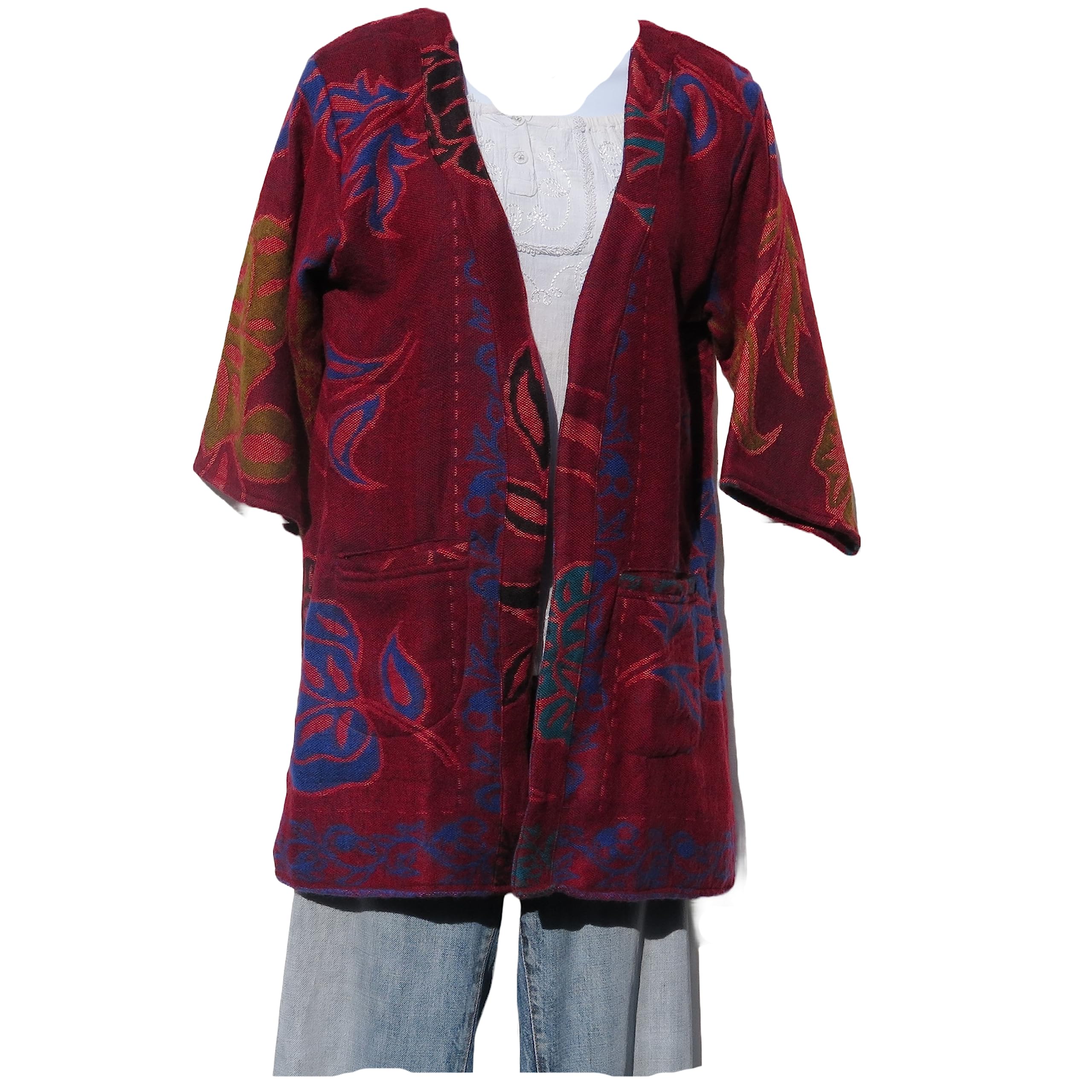 TDbN Kimono Jacket | Flora Design | Boho | 60s | Designer | 3/4 Sleeve | Handloomed | Yak+Sheep Wool Blend | Red & Blue | XS > S