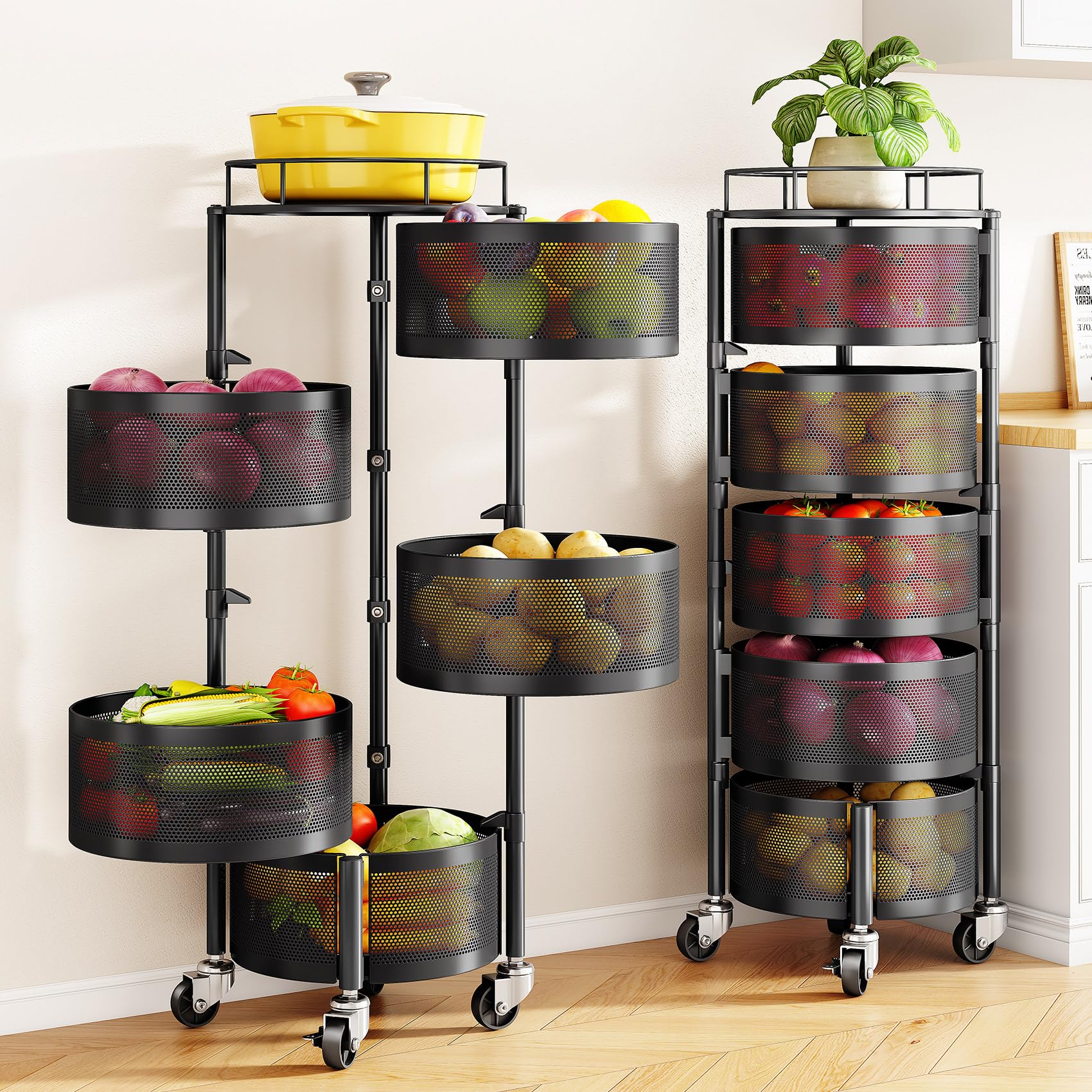 SNTD Fruit and Vegetable Basket Bowls for Kitchen with Metal Top Lid, 5 Tier Rotating Storage Rack Cart for Potato Onion Bread Banana, Wire Basket Organizer on Wheels, Large (Black)