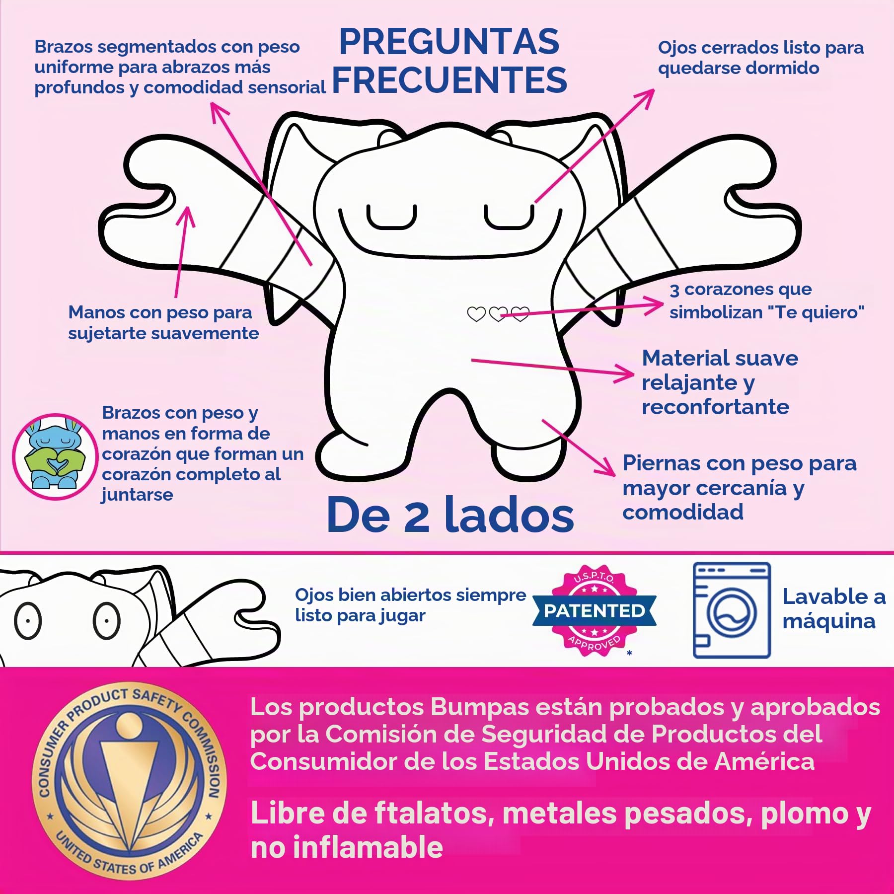 Bumpas Juguete de peluche pesado – Animal de peluche calmante lavable a máquina para niños – Los brazos y el cuerpo tienen peso para dar un abrazo realista – Compañero suave para jugar, siesta y