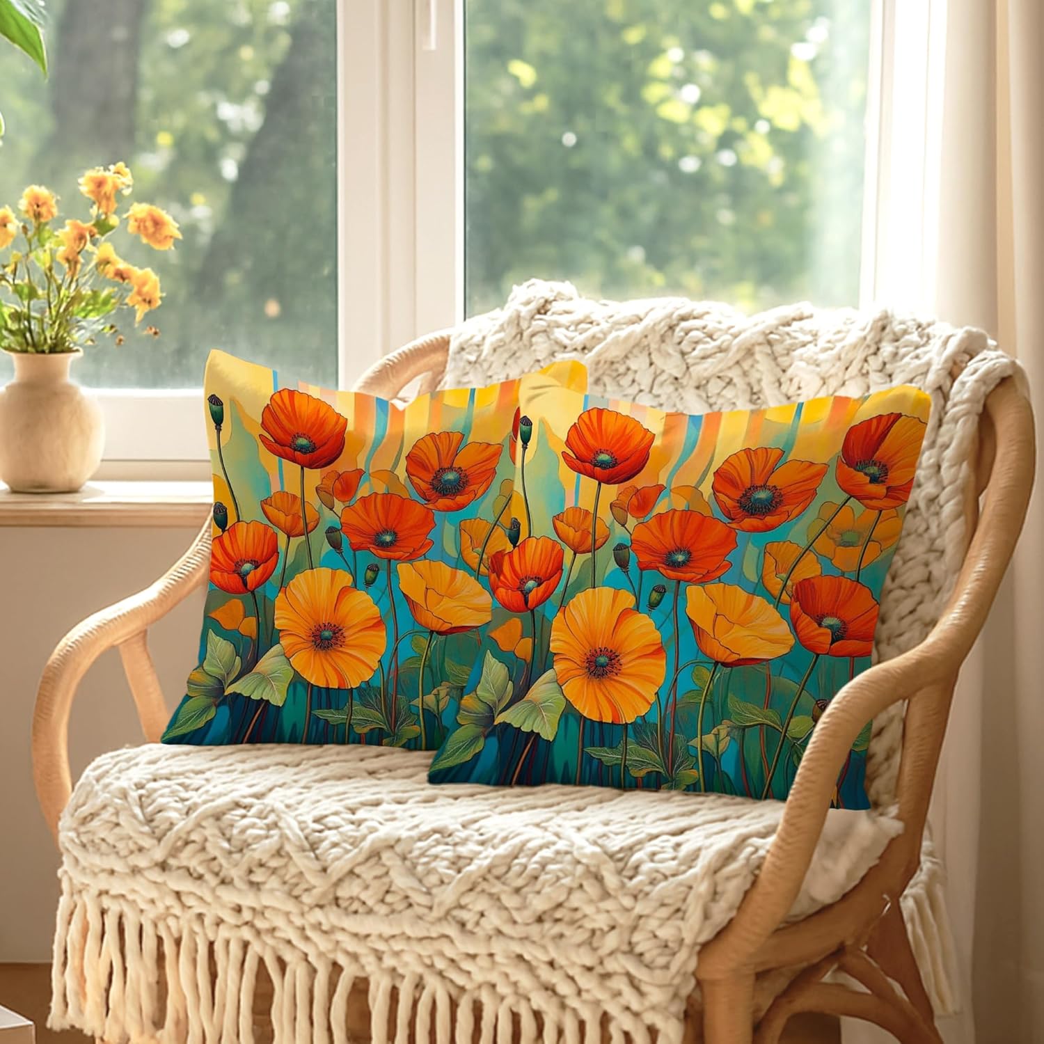 Summer Decorative Throw Pillow Covers Set of 2, Vibrant Orange Poppy Floral Cushion Cases, Artistic Farmhouse Style Outdoor Square Pillowcases for Home Sofa Bed Couch 26x26 Inch