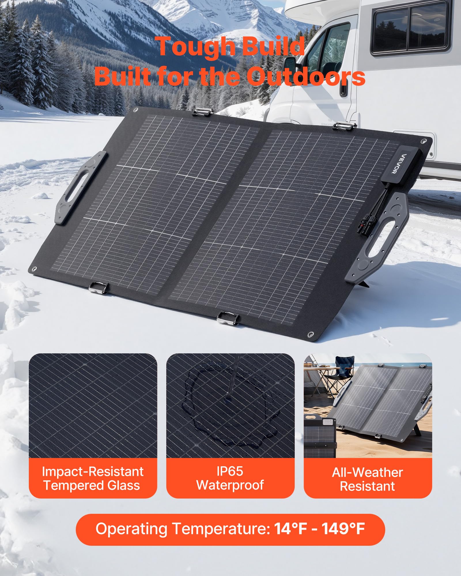 VEVOR Składany panel słoneczny 100 W, 16BB typ N, dwufazowy, monokrystaliczny moduł solarny z ładowarką, sprawność 24%, z wyjściem MC4, USB-A (QC3.0), złącza typu C i DC do stacji zasilania