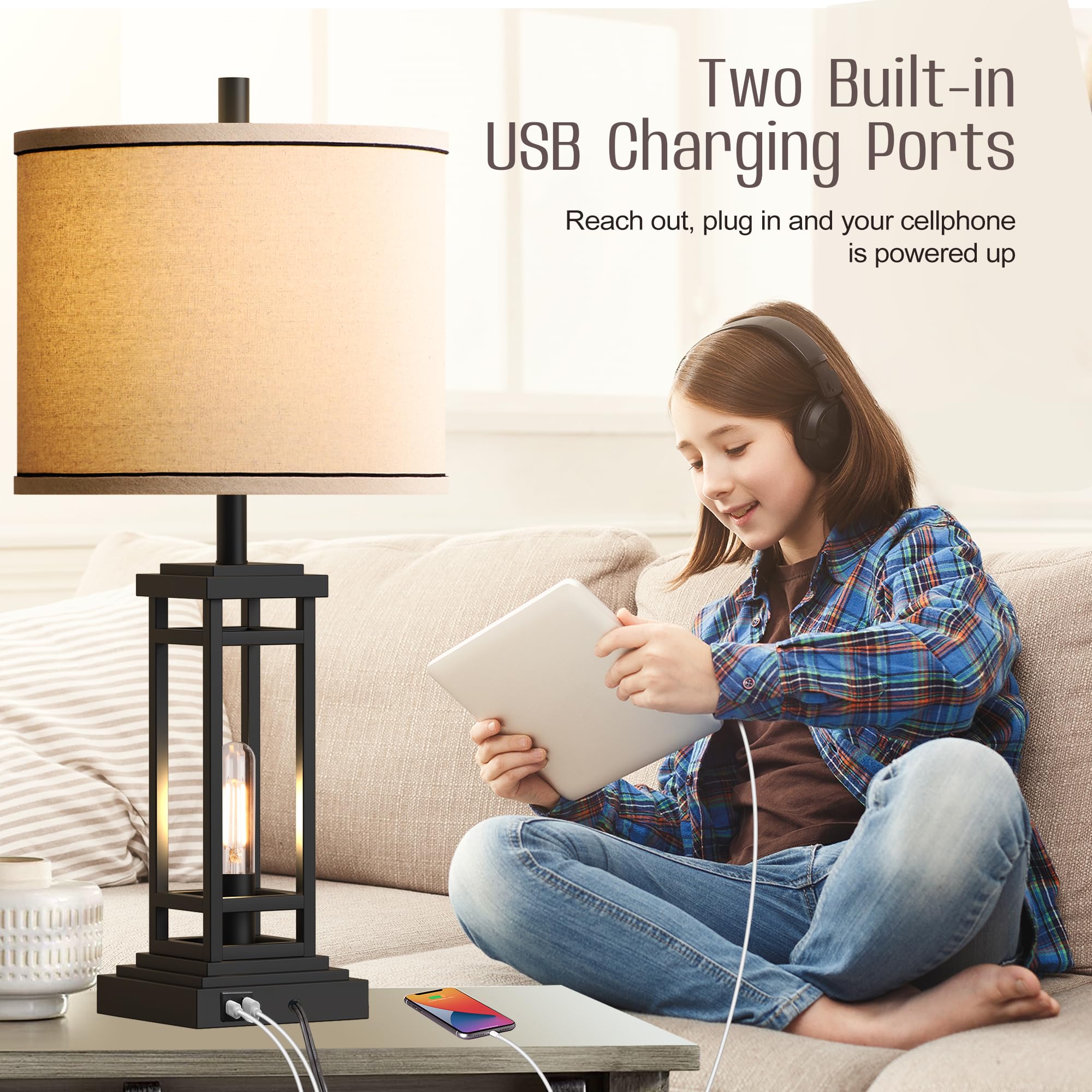 ROTTOGOON Lot de 2 lampes de table de style rustique avec ports de charge USB C + USB A, style rustique industriel pour chambre à coucher, salon, table de chevet (noir)
