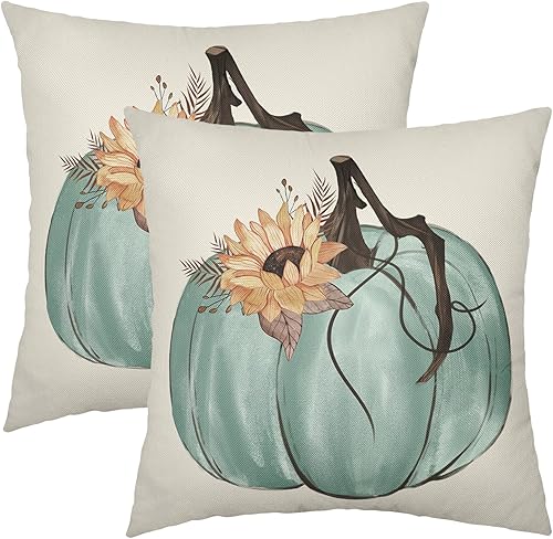 Miniatura 8 de Juego de 2 fundas de almohada de otoño de 18 x 18 pulgadas, diseño colorido de calabaza, girasol, vaca, para exteriores, para Acción de Gracias,