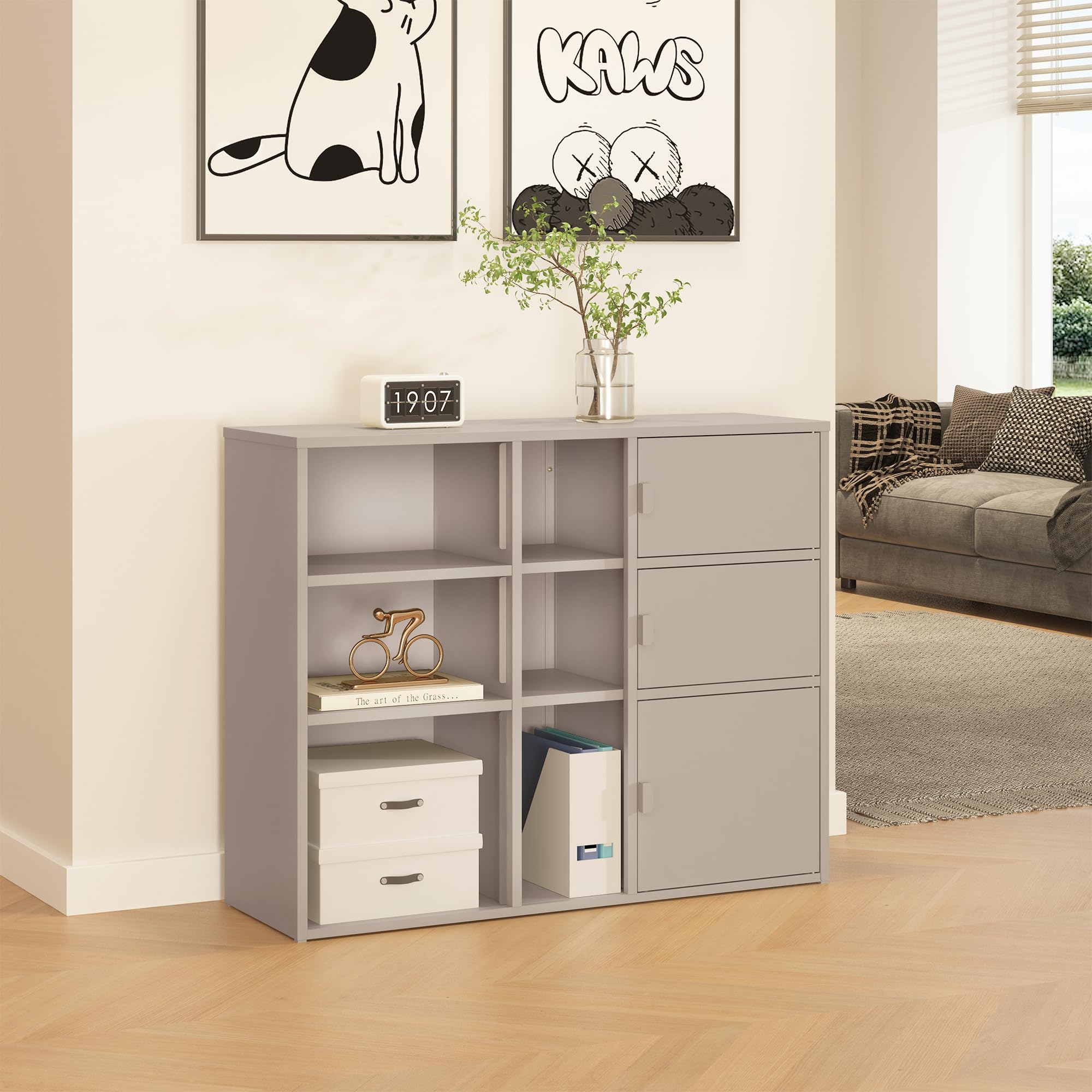 [en.casa] Mobile Contenitore da Ufficio in Acciaio Armadio Portadocumenti con 6 Vani Aperti e 3 Scomparti Chiusi da Ante Scaffale Archivio per Studio Ingresso 100 x 32 x 81 cm - Color Cammello
