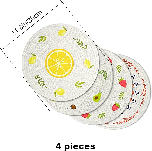 Miniatura 5 de fanquare Juego de 4 manteles individuales redondos con rayas rojas, estilo moderno, cuerda de algodón grueso, trenzada, duraderos, absorbentes, para