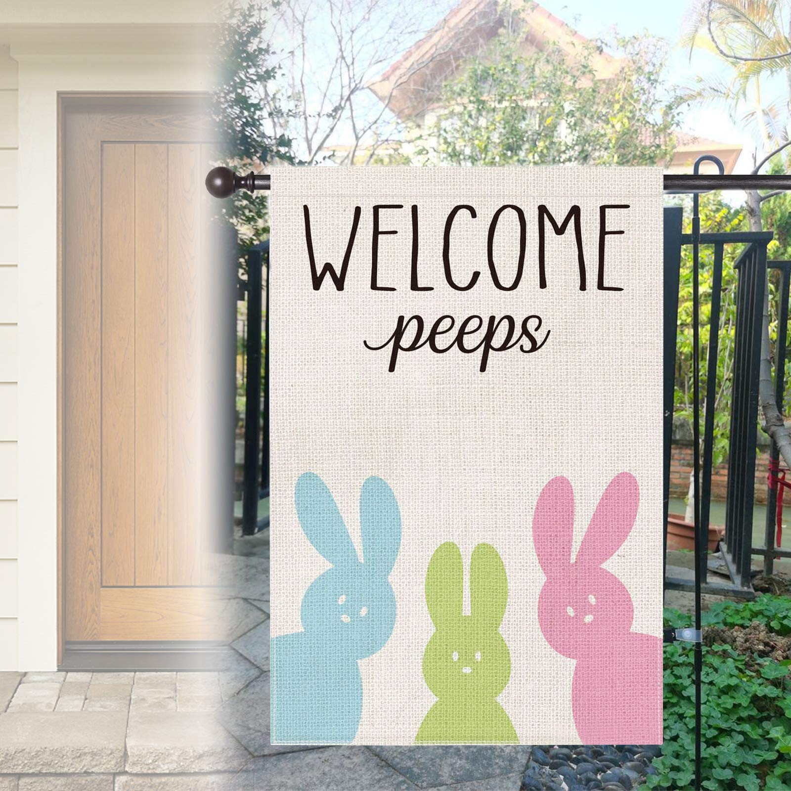 Easter Flags for Outdoors 28 x 40 Double Sided, Welcome Peeps House Flag Vertical Double Sided Easter Bunny Rabbit, Spring House Flag Summer Rustic Farmhouse Yard Outdoor Decoration