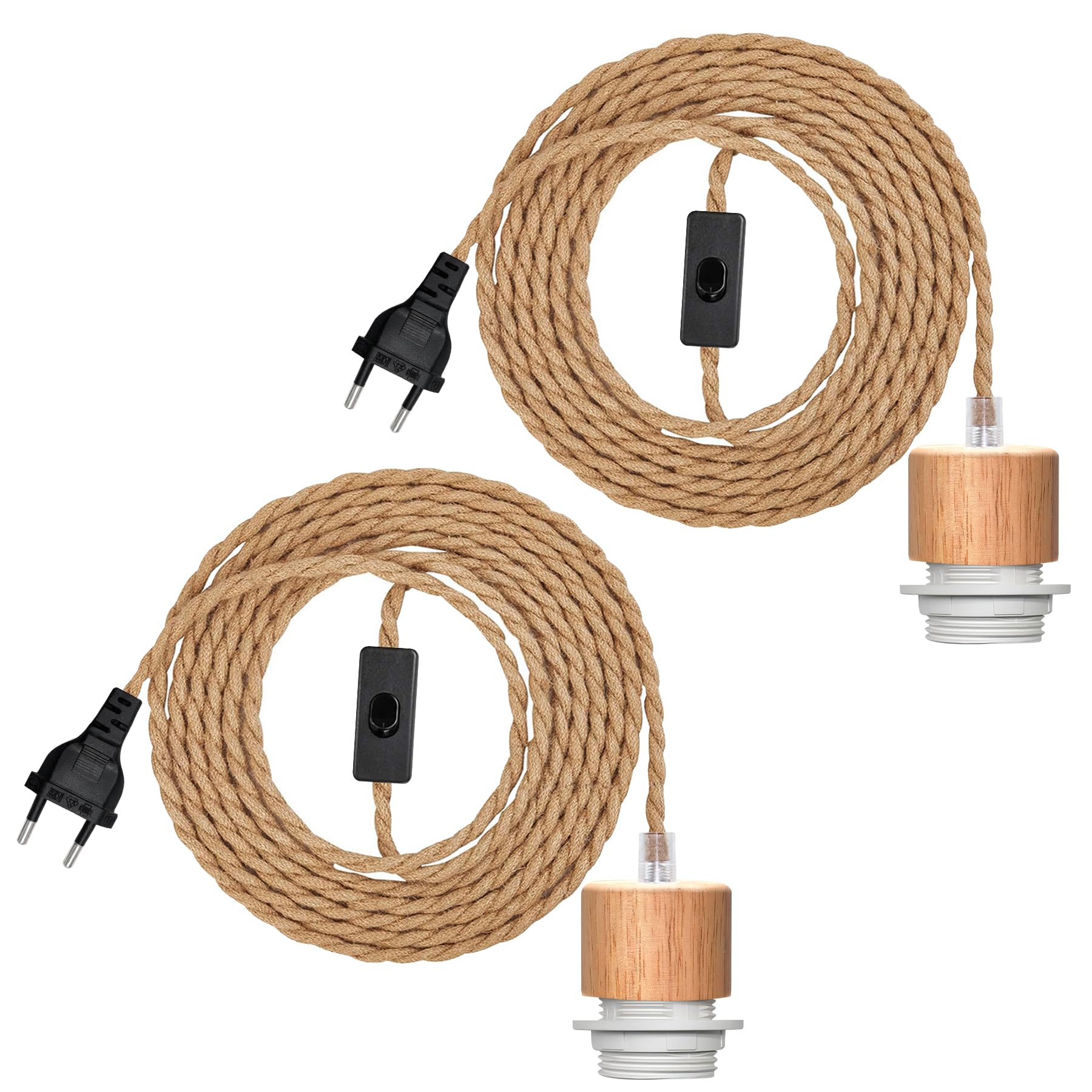 LAKONEI 2 Piezas Portalámpara Lampara Colgante de Madera con Interruptor y Enchufe, 500CM Cable de Colgante de Cuerda de Cáñamo, E26/E27 Lámpara Colgante Industrial Vintage (Sin Bombilla)