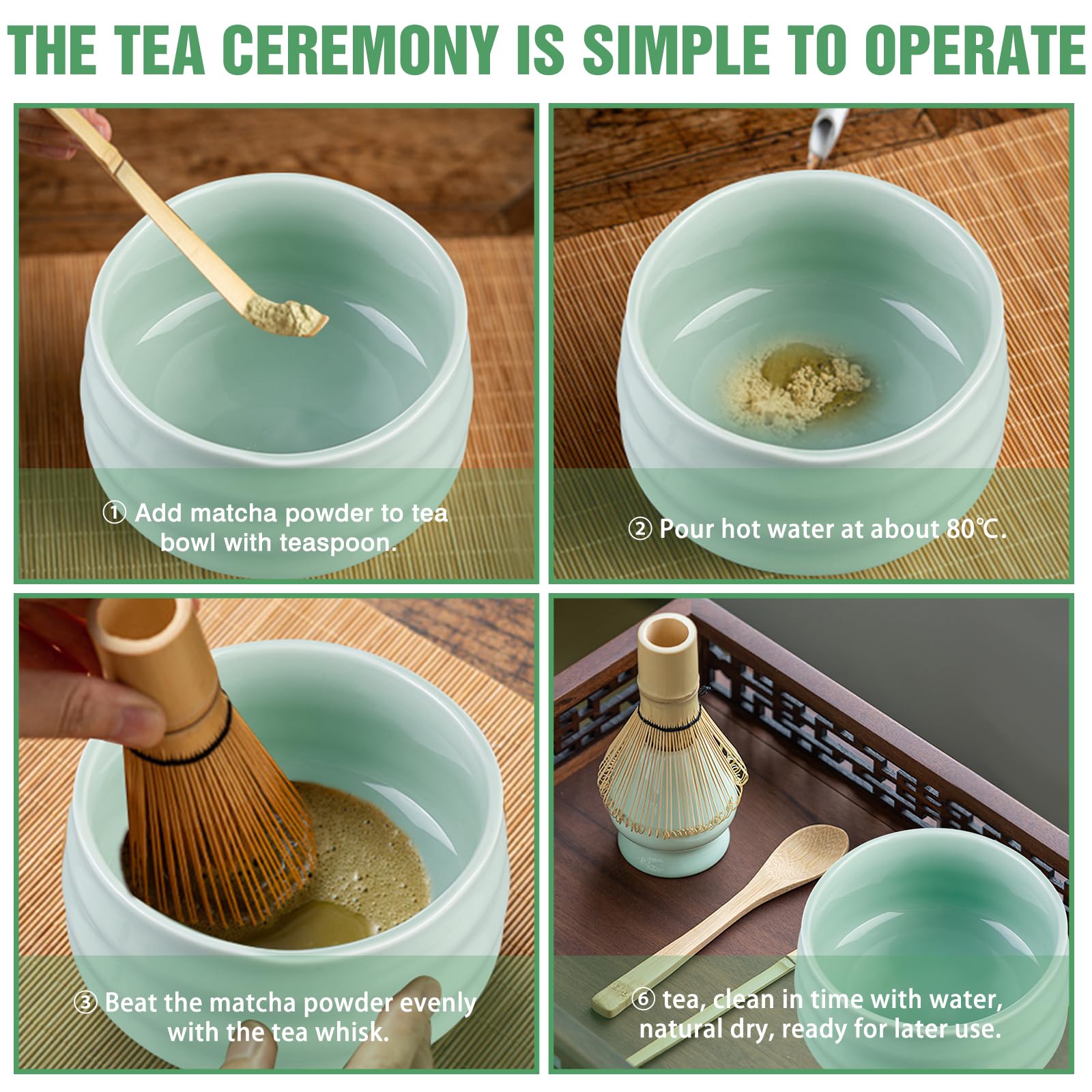 BORDEAG Matcha, set di accessori matcha, scopa matcha, con frusta matcha, porta scopa, ciotola matcha, ciotola in ceramica, 2 cucchiaini, accessori per tè matcha di alta qualità