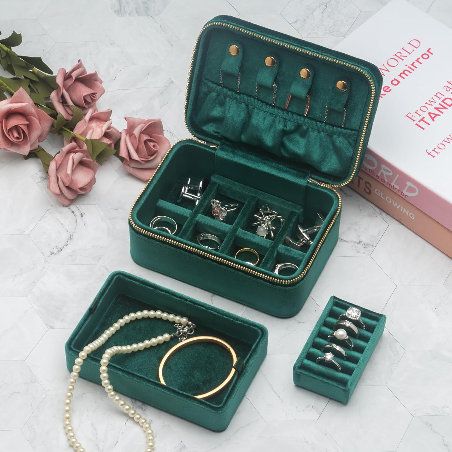Velvet Travel Jewelry Organizer Box with Zipper Around Portable Accessory Display Tray Holder Storage Case for Multiple Earrings Rings Necklaces Bracelets (Green)