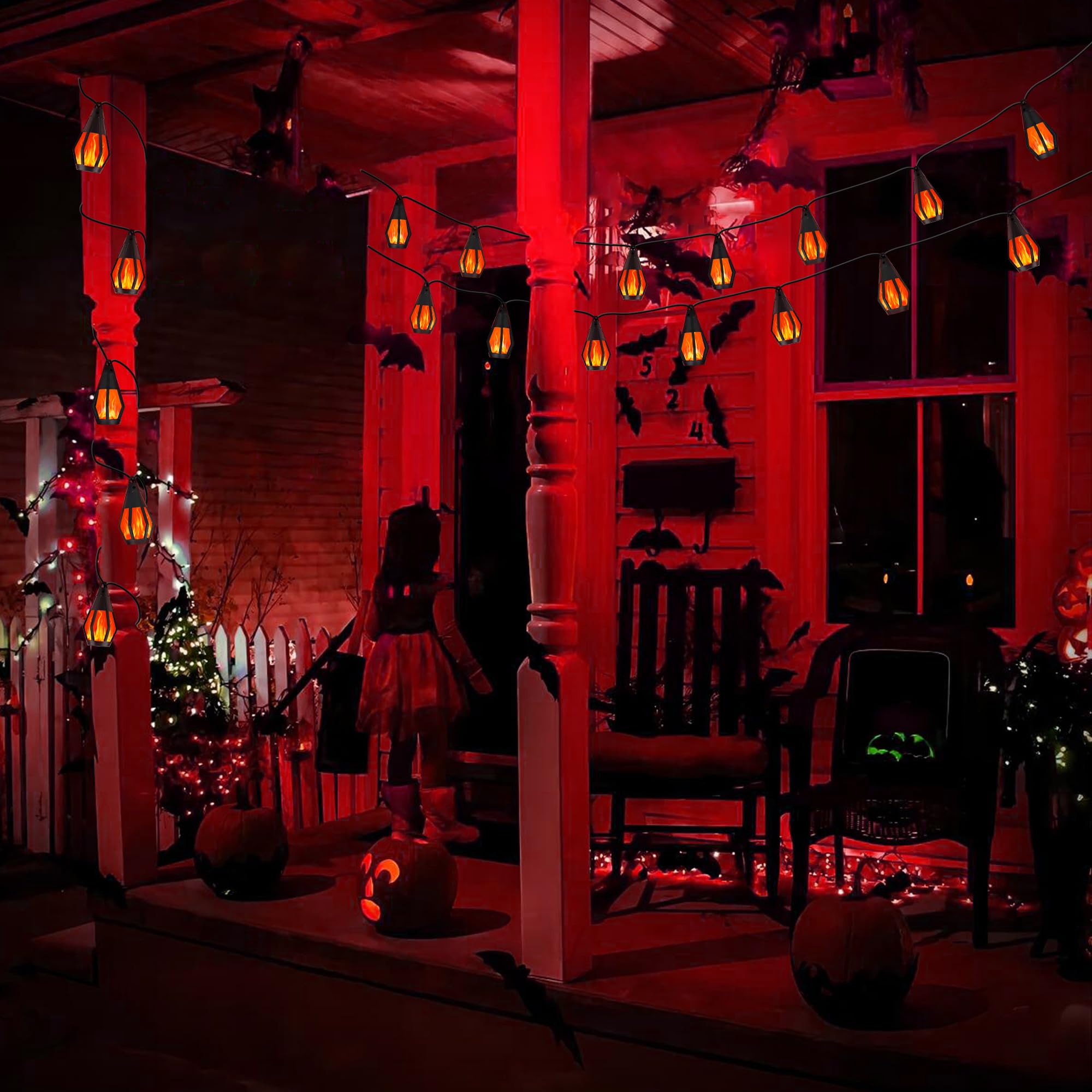 Solar-Lichterkette für den Außenbereich, 10 m, Solar-Terrassenlichter mit 15 flackernden Flammen, wasserdicht, rot, solarbetrieben, Außenleuchte für Garten, Hof, Terrasse, Pavillon, Bistro, Café