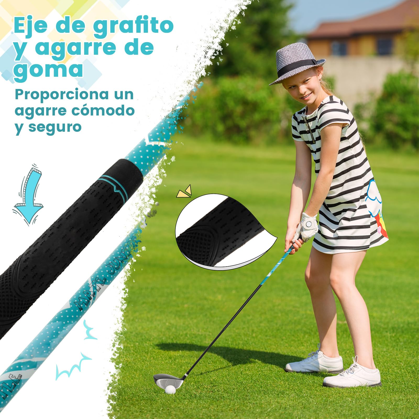 COSTWAY Juego de Palos de Golf para Niños de 11 a 13 Años, Incl. Bolsa de Soporte con Capucha para Lluvia, Conductor N.° 1, Híbrido N.° 5, Hierros y Putter N.° 7 N.° 9, para Diestros