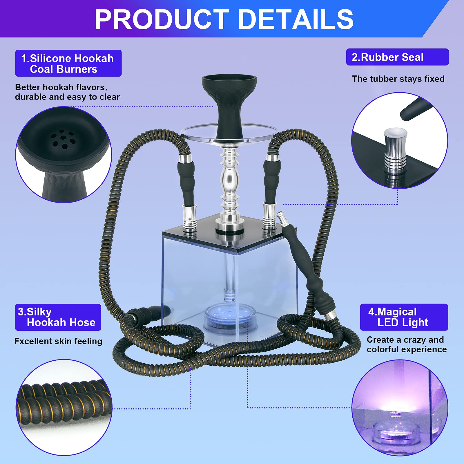 Hookah, juego de cachimba de acrílico con micro cubo LED – Incluye 2 mangueras – 16 fascinantes ajustes de color estático – Divertido kit de narguiles para adultos – hogar, bares, clubes, bodas,