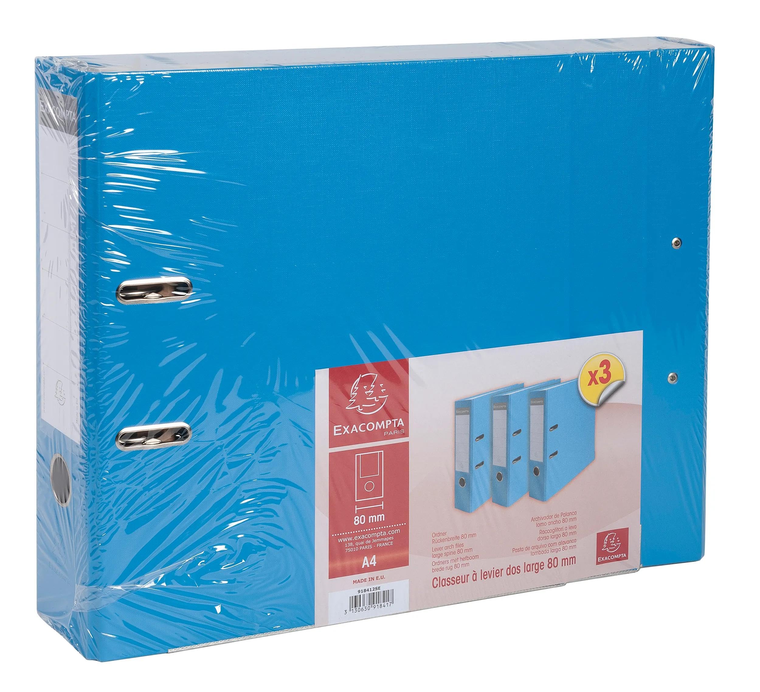 Exacompta - Ref. 918412SE - Caja de 4 paquetes de 3 archivadores de palanca - Espalda de 80 mm - Tamaño A4 - Exterior de polipropileno/interior de papel - Azul claro