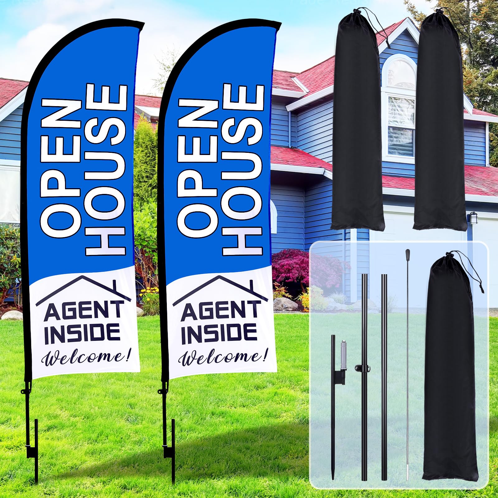 Buryeah 2 Sets 11ft Open House Flags Banners for Real Estate Agents Real Estate Flags with Flagpole Ground Stake Portable Bag Feather Flag Sign Opening Signs Banner for Business Advertising(Blue)
