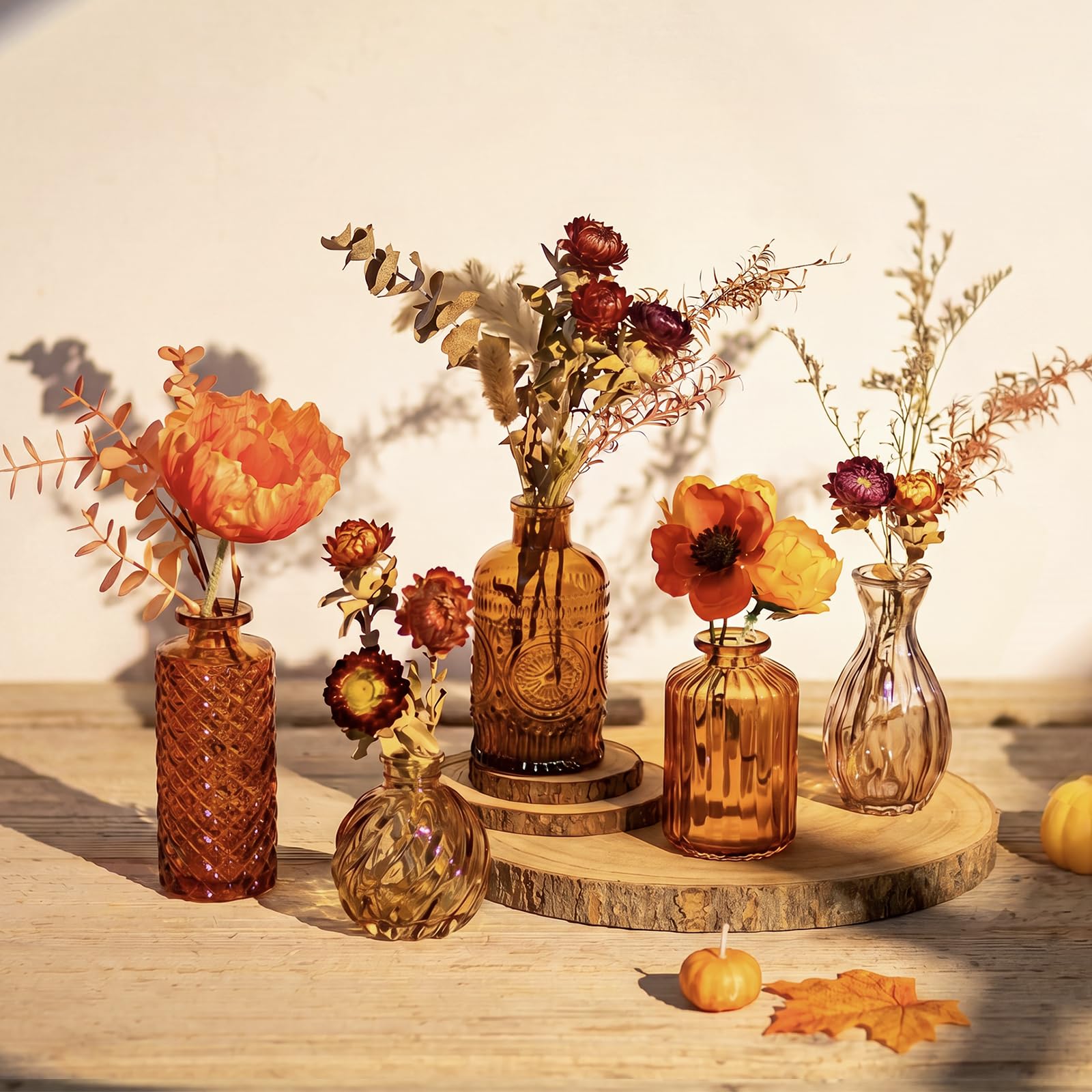 Glasseam Small Vase Glass for Home: 5 Pcs Amber Bud Vases for Table Decor