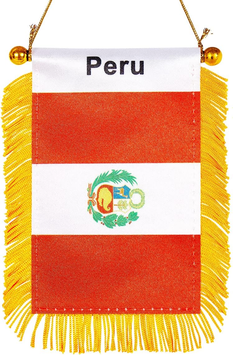 WXTWK 3 X 5 Inch Peru Flag Peruvian Window Hanging Flag Small Mini Car Flags Banners Rearview Mirror Decoration With Suction Cup Golden Fringy Banner