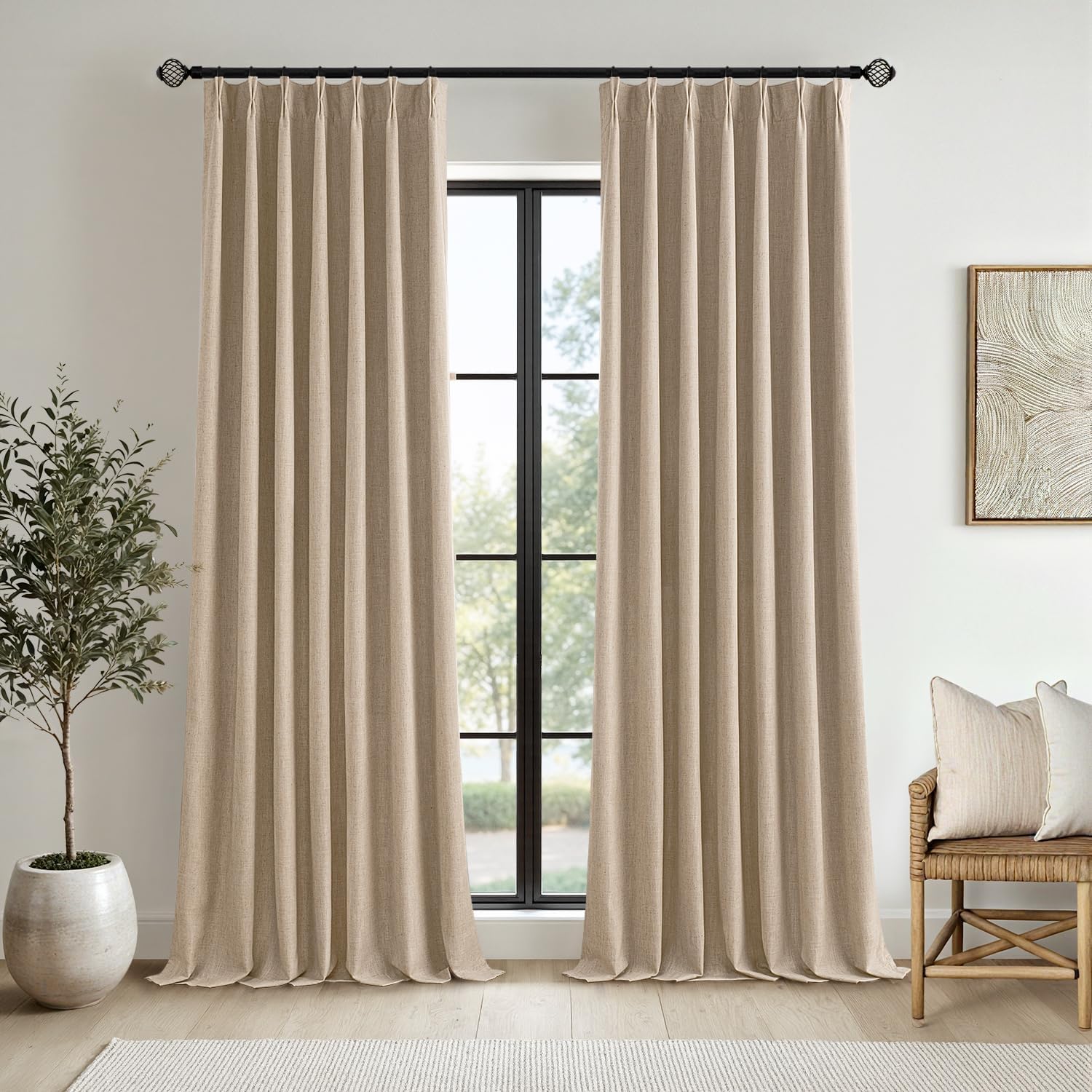 (Similar to stock photo) MIULEE Taupe Pinch Pleated 100% Blackout Linen Curtains for Bedroom, Room Darkening Light Blocking Window Curtains 84 inches Long for Living Room, Black Out Pleat Drapes with Pin Hooks, 2 Panels 40\"W x 84\"L (Pack of 2) Taupe
