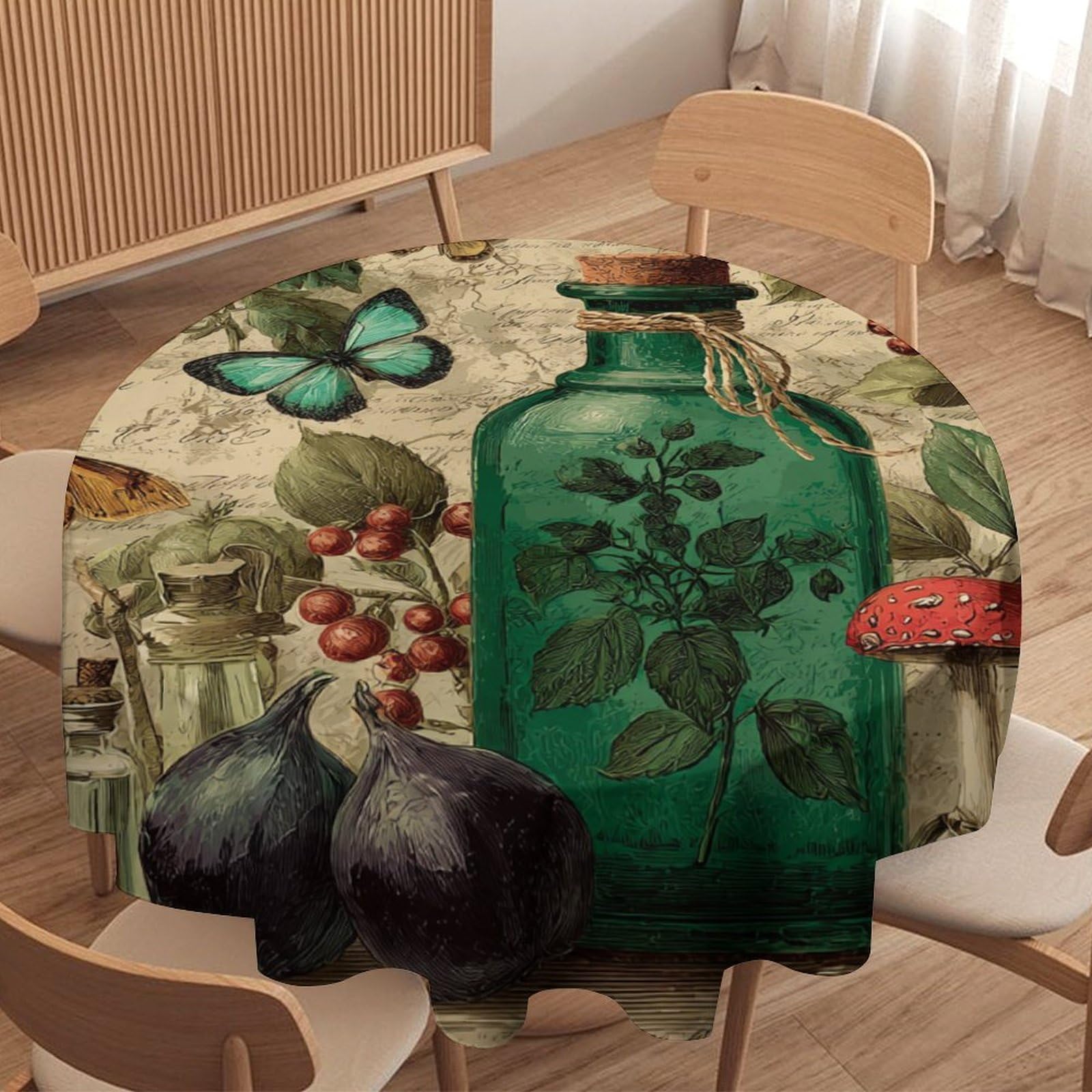 LUYYSKY Rustic Watercolor Green Bottle Round Tablecloth Vintage Realistic Botanical Mushroom Flowers Animal Butterfly Washable Decor for Table Cover for Kitchen-91.4" Wx91.4 L cm