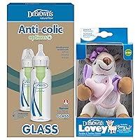 Vista 1 de Dr. Brown's Natural Flow Options+ Narrow Glass Anti-Colic Baby Bottles, 8oz 2-Pack and Lovey Pink Pacifier with Teether Holder, Soft Stuffed Animal