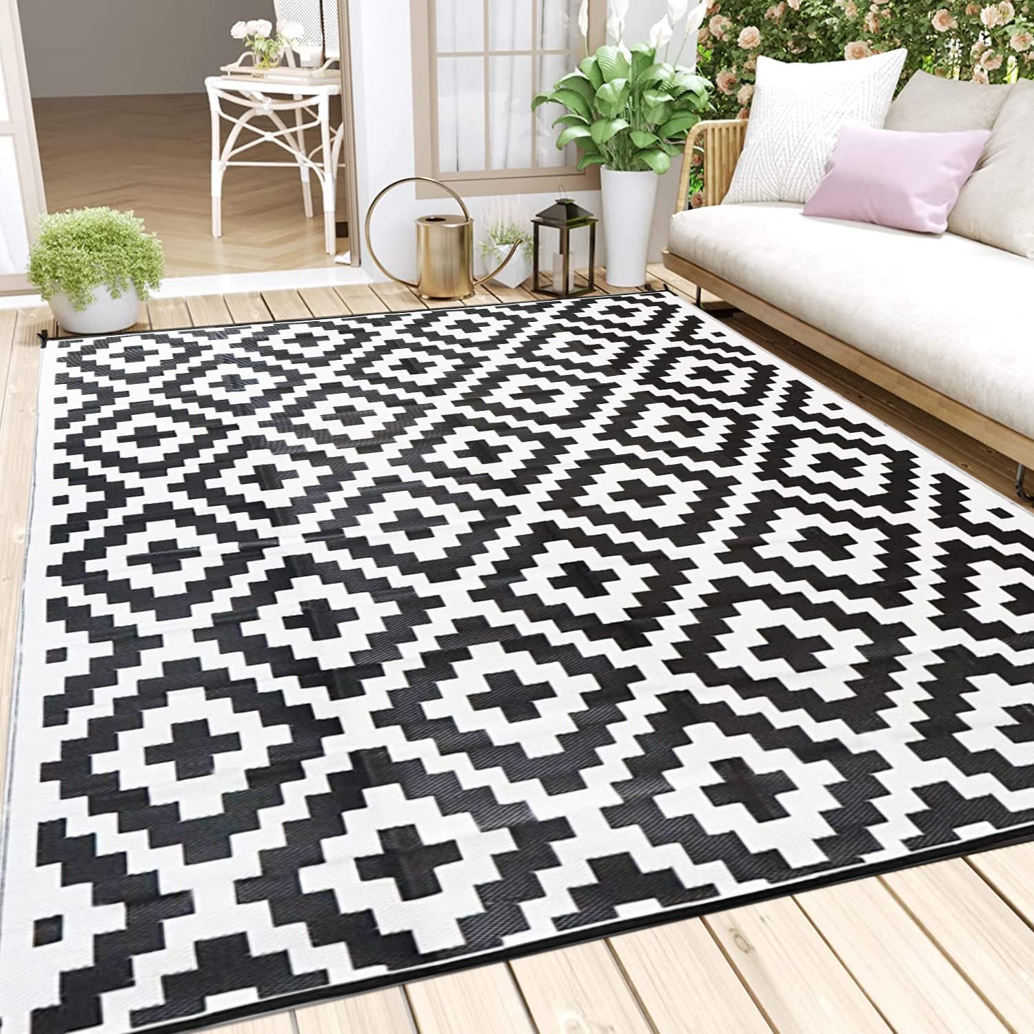 LHLJOYU Outdoor Rug Reversible 5x8 Plastic Straw Rug for Patio