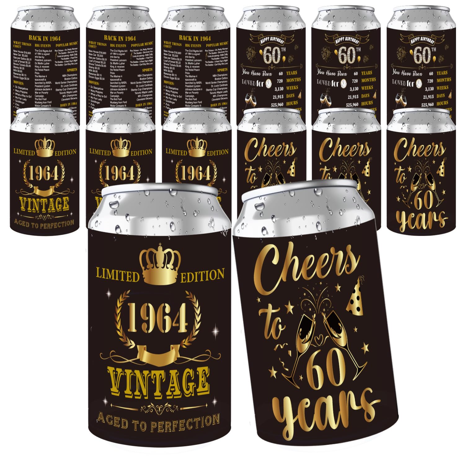 60th Birthday Decorations for Men Woman - 12PCS Black Gold 1964 Birthday Decorations Vintage 60th Birthday Party Supplies Favors Happy 60 Years Can Cooler Sleeve Covers for Soda Beer Beverage
