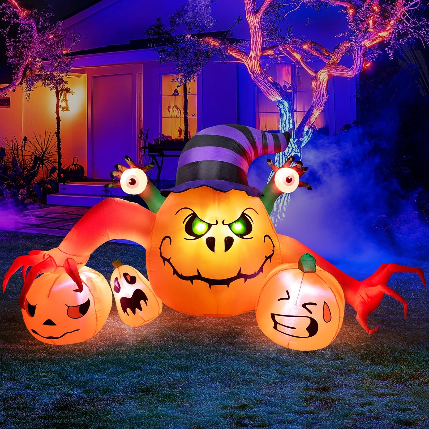 8FT Long Halloween Inflatable Outdoor Decorations, Pumpkin Decorations with Build-in LED Lights, Blow Up Jack-o-Lantern for Indoor Outdoor Halloween Party, Yard, Garden, Lawn 8FT Pumpkin with Zombie Hand & Eyes