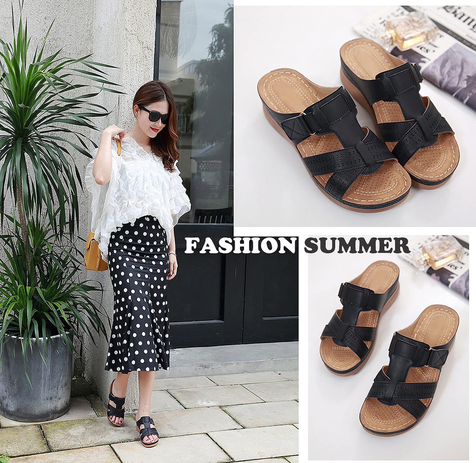 SMajong Sandales Femme été Mode Mules Femmes Compensées Chaussons Confortable Bout Ouvert Plateforme Pantoufles Chaussures de Plage