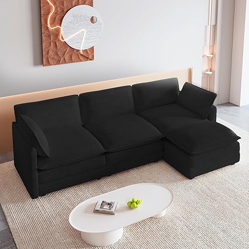 ROWHY Oversized Modular Sectional Sofa with Movable Ottoman, 112 Inch 4 Seat Modern Corduroy Sofa Set, Convertible L Shaped Couch for Living Room and Office, Black