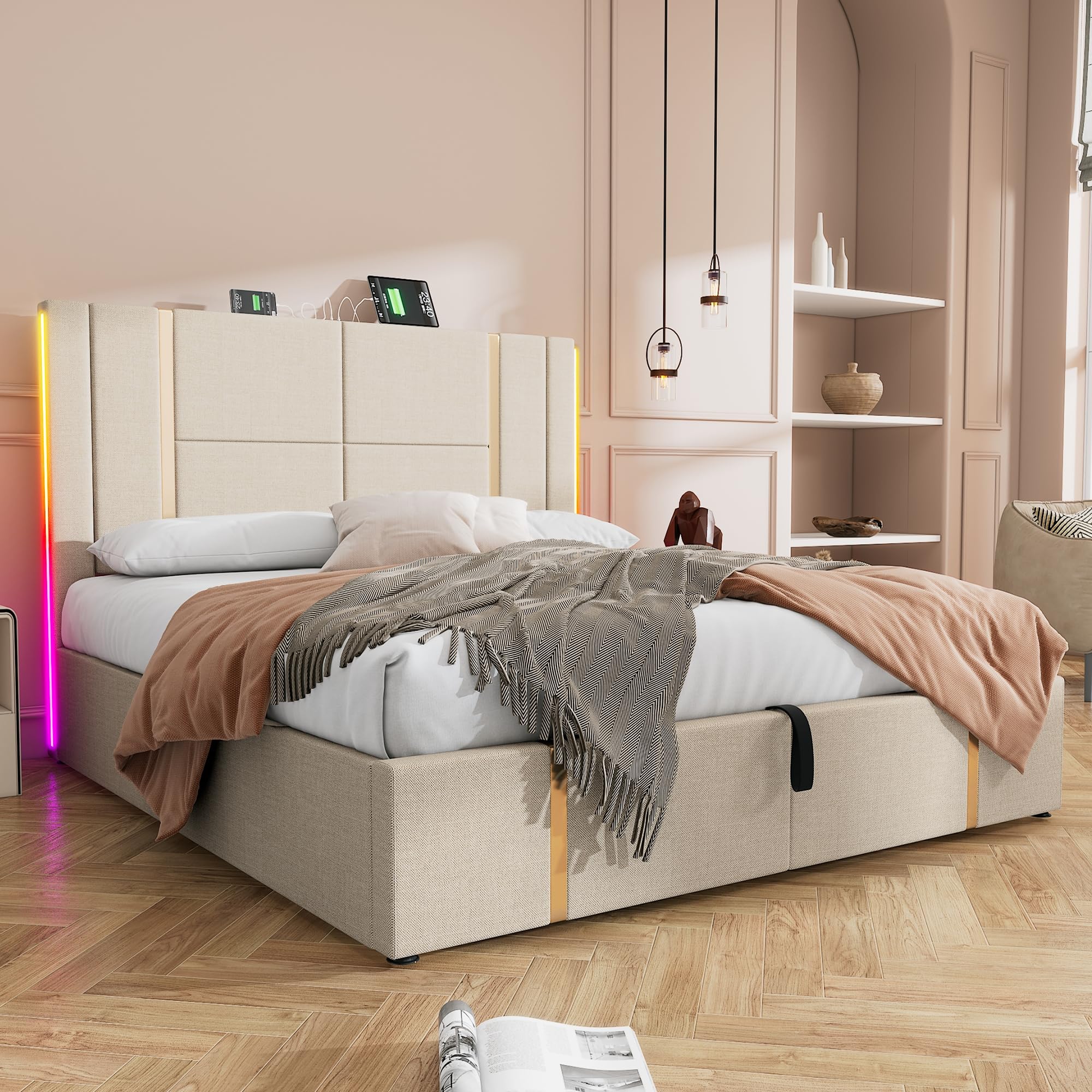 Moimhear Letto imbottito, letto matrimoniale, funzione di ricarica USB di tipo C, controllo APP, rete a doghe in legno, letto per ragazzi, letto per adulti, materiale di lino beige (materasso non