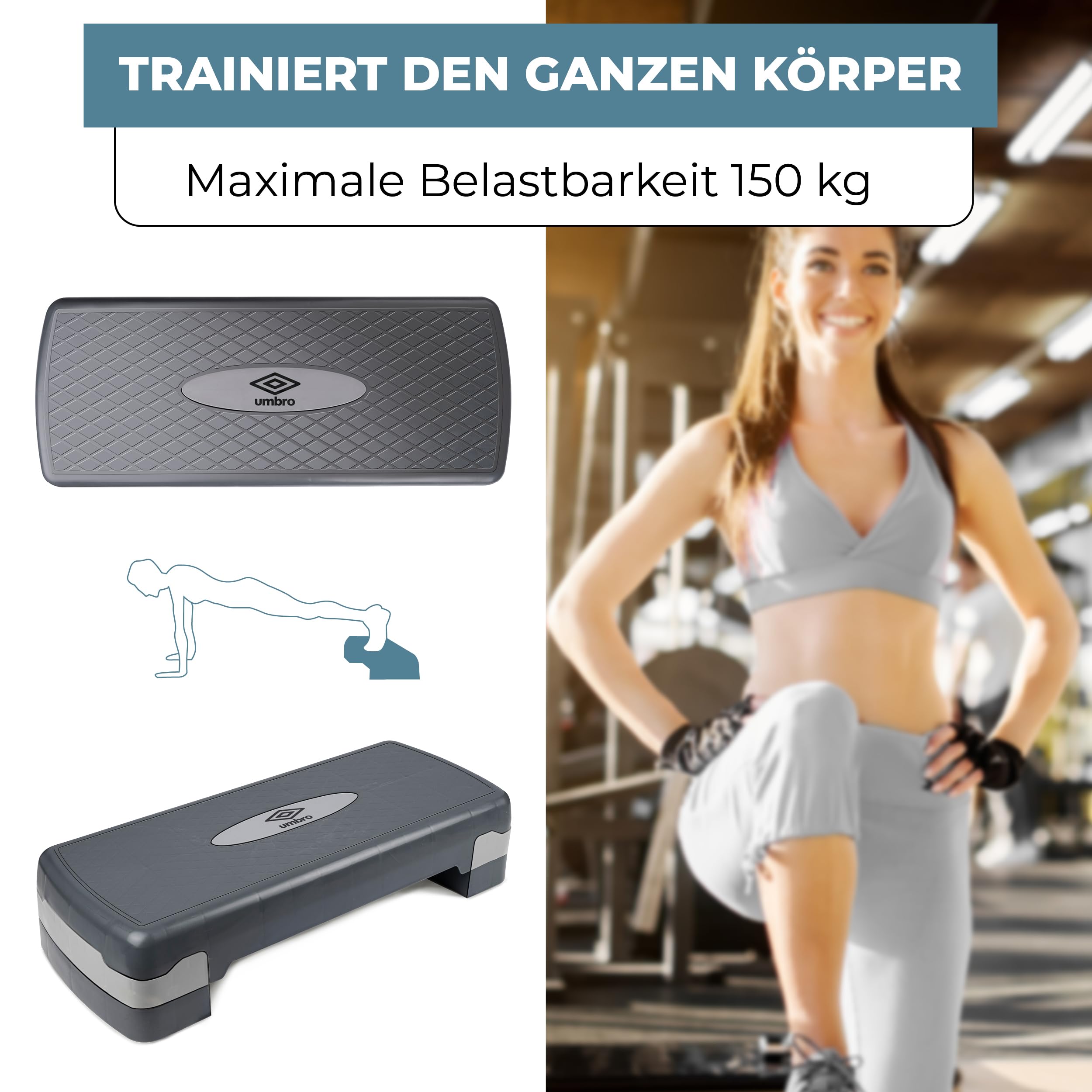Umbro Stepper für Zuhause Höhenverstellbar 10-15 cm – Fitness Stepper mit Rutschfester Oberfläche für Reha und Training – Kompakt und Stabil – Grau/Schwarz – 68,3 x 29 x 10,4 cm