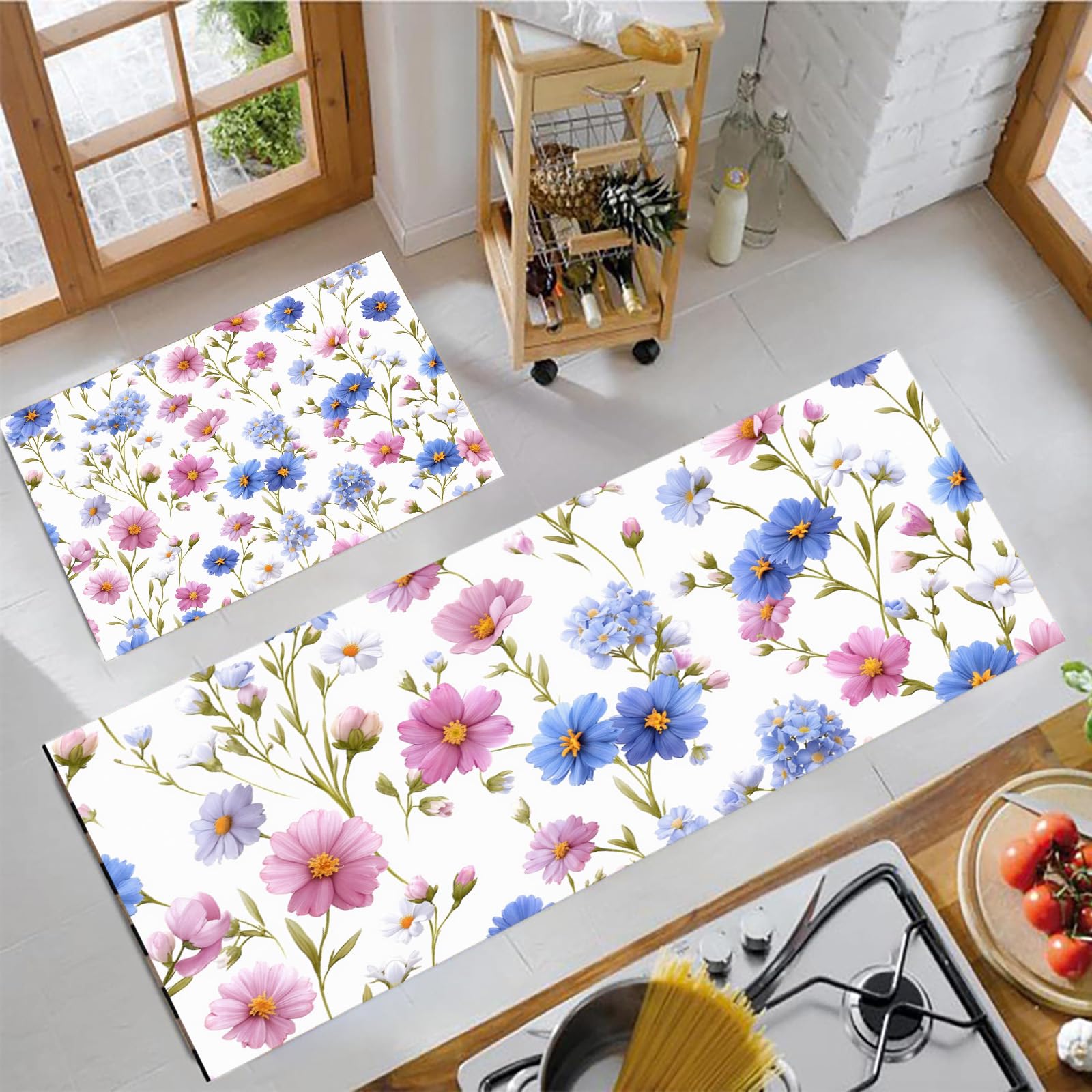 Alfombras de cocina de estilo campestre con flores, tapetes lavables para un hogar acogedor