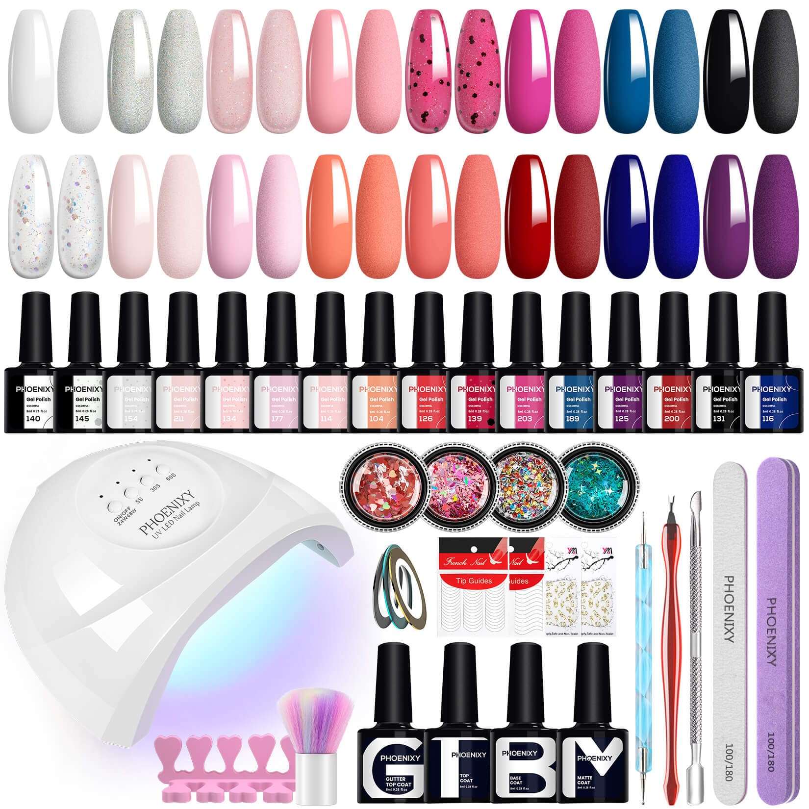 Phoenixy Uñas Semipermanentes Kit Completo con 48W Lámpara U V/LED 16 Colores Kit Uñas Semipermanentes con Base y Top Coat Brillante Mate y Glitter Kit Manicura Semipermanente