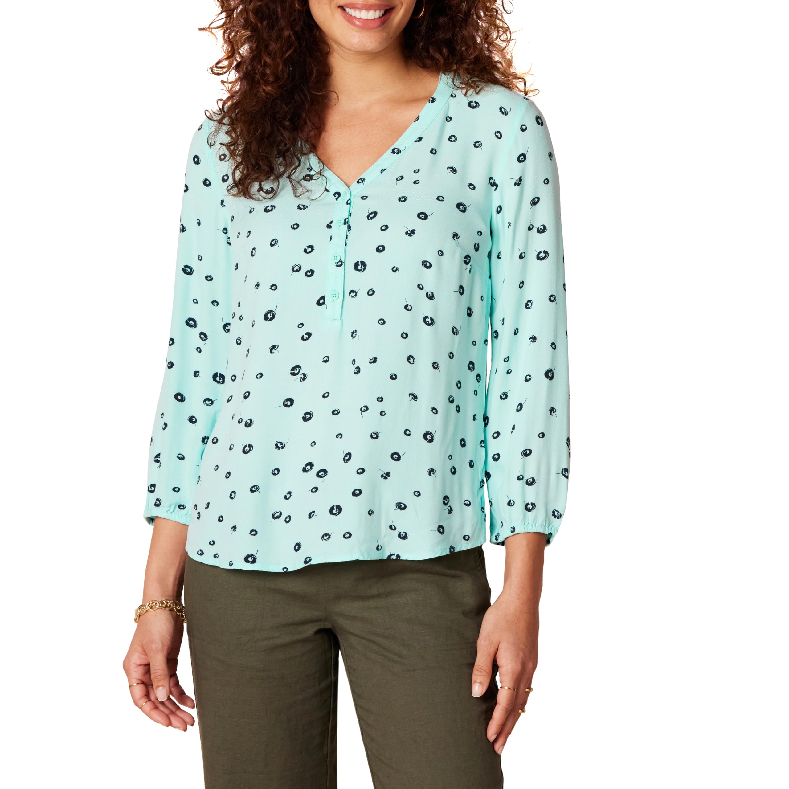Amazon Essentials Women's 3/4 Sleeve Button Popover Shirt, Aqua Blue Poppy, Medium