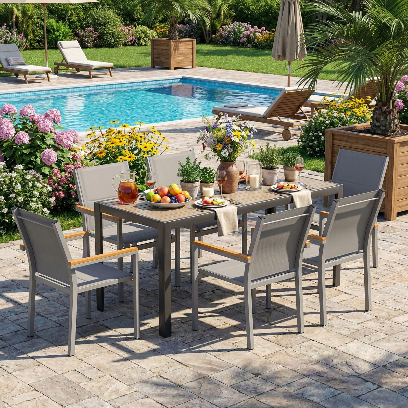LIFERUN Gartenstuhl 4er Set, stapelbarer Aluminium Esszimmerstuhl, mit Gesteppte Rückenlehne & Sitzfläche, WPC Handlauf Balkonstühle, für Garten, Terrasse, Balkon, Pool, Restaurants, Grau, 4 PCS
