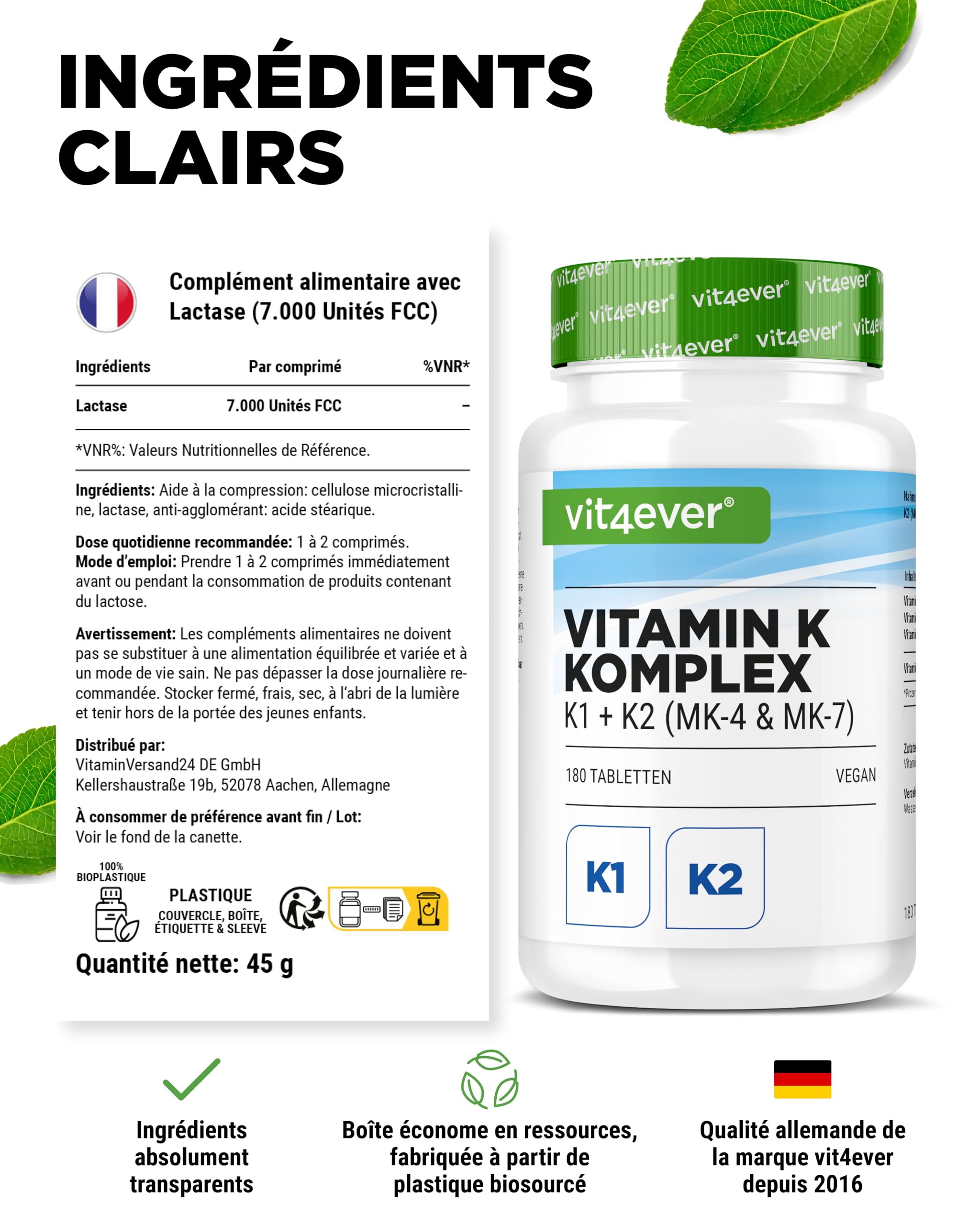 Complexe Vitamine K - 180 Comprimés - Hautement Dosé avec 1 000 µg de Vitamine K1 + K2 Ménaquinone (1 000 µg MK4 + 200 µg MK7) - Sans additifs inutiles, Vegan