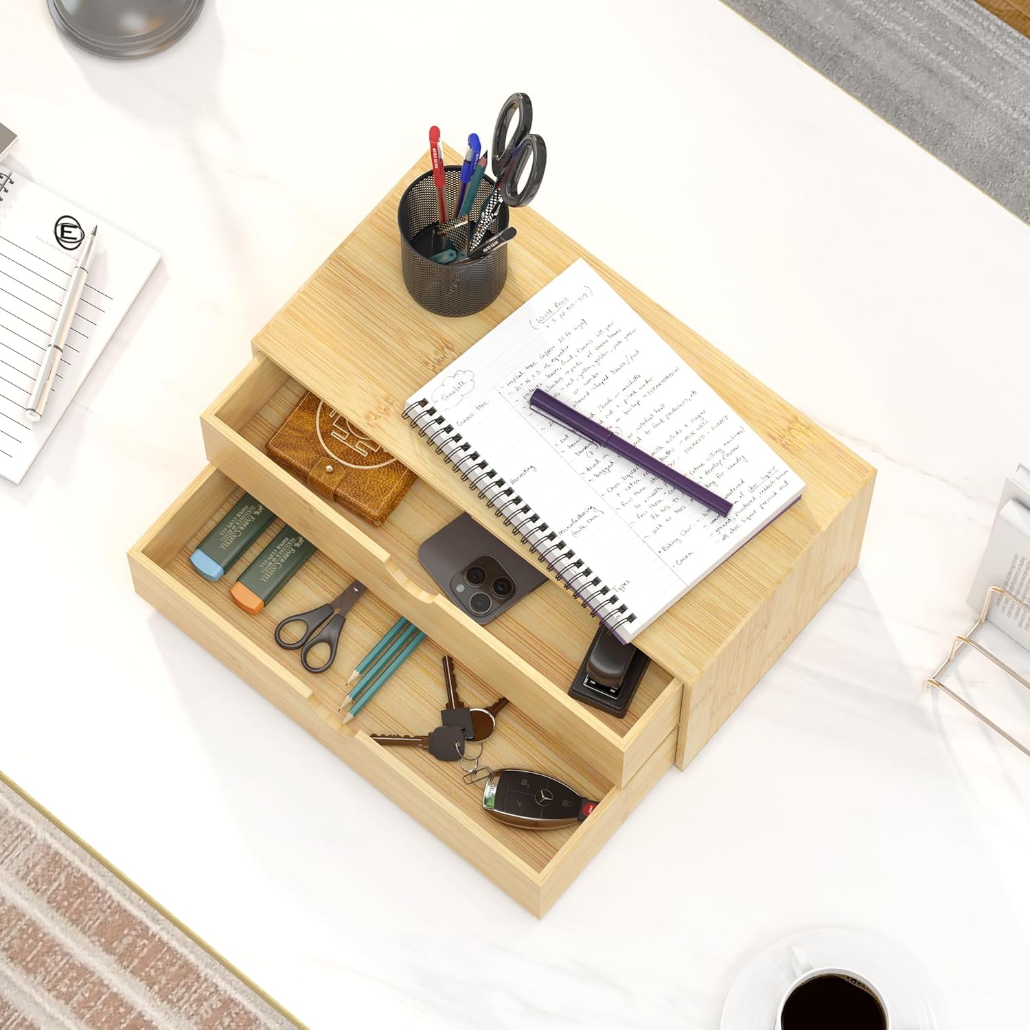 wisuce desk organizer with drawers - bamboo desktop organizer storage | white-natural wood desk drawers organizer for bills, office supplies, cosmetics, seals no assembly required(2 drawers edge-free) 2 drawers ?edge-free?