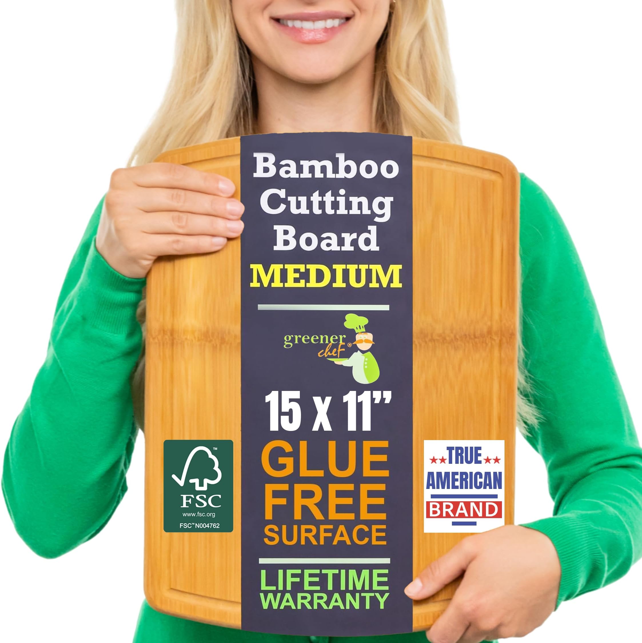 Bamboo Cutting Board – 15 Inch Wood Cutting Boards for Kitchen with Glue-Free Surface™ & Juice Groove – Non-Toxic, FSC-Certified, Durable Wooden Chopping Board